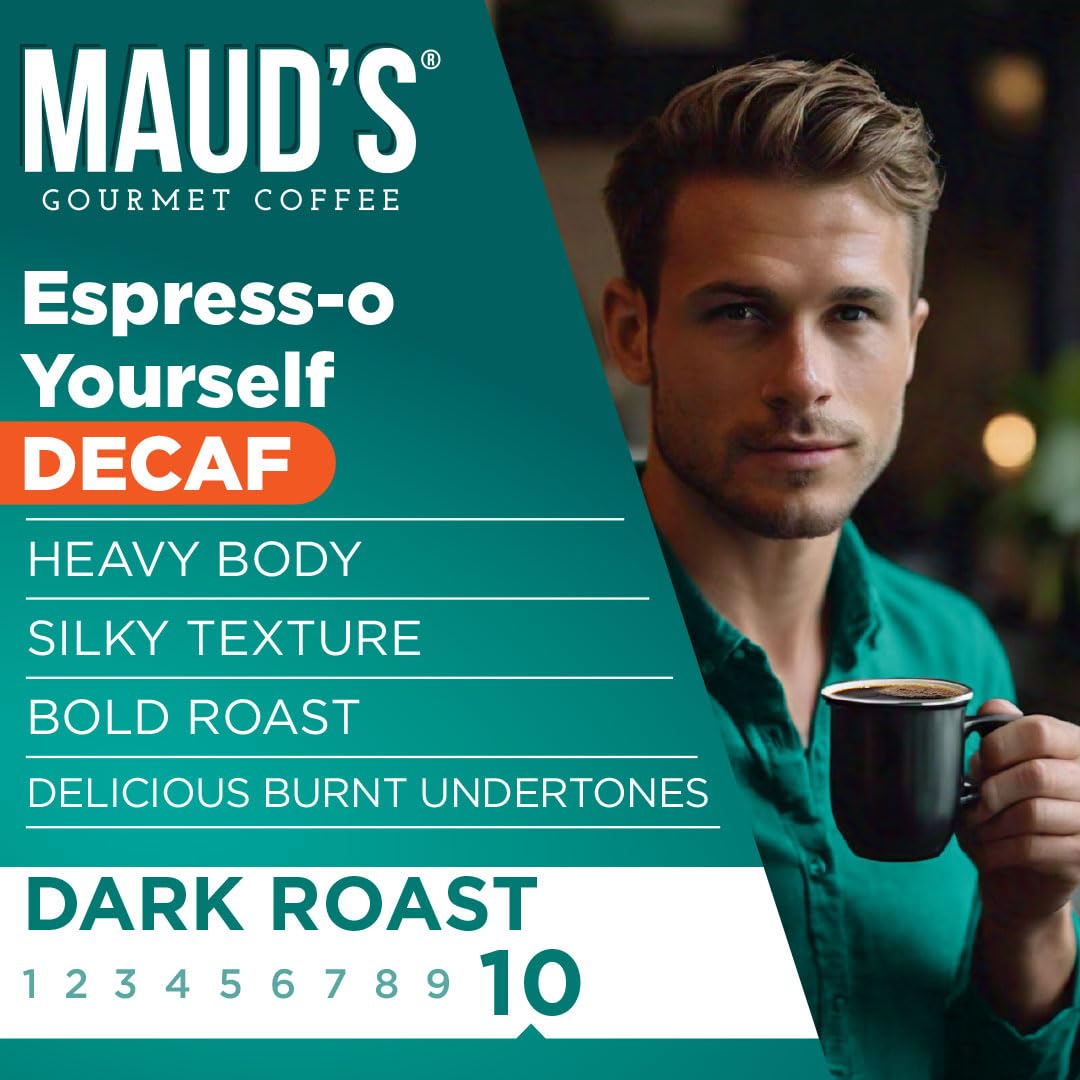 Maud's Decaf Espresso Roast Coffee Pods, 18 ct, Decaffeinated Dark Roast Recyclable Single Serve Pods – 100% Arabica Coffee, Compatible with Keurig K Cups Maker