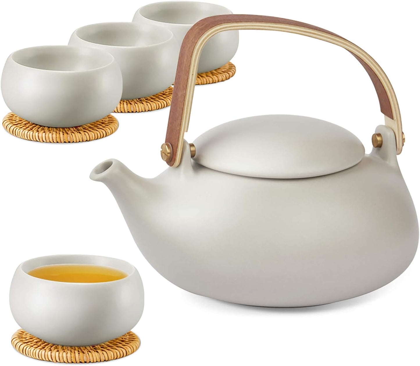 ZENS Vintage Japanese Tea Set, 27oz Ceramic Japanese Teapot with Infuser, Wood Handle Matte Gray Teapot with Strainers and 4 Cups for Tea Party, Women's Gift