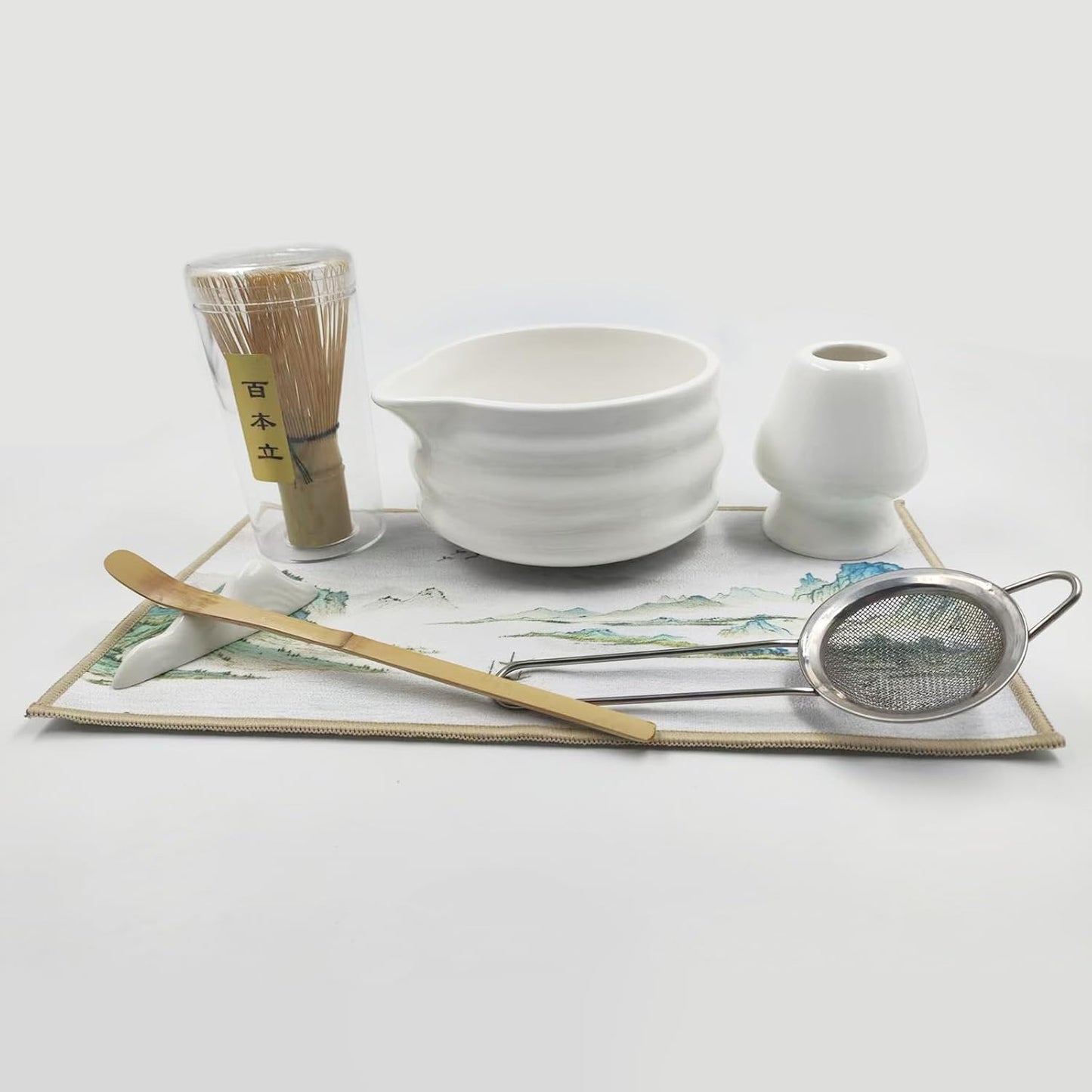 Matcha Whisk Set White, Ceramic Matcha Bowl Set with Bamboo Whisk, Holder, Scoop, Rest, Sifter and Towel – Complete 7 PCS Japanese Matcha Kit, Authentic Traditional Matcha Preparation Set