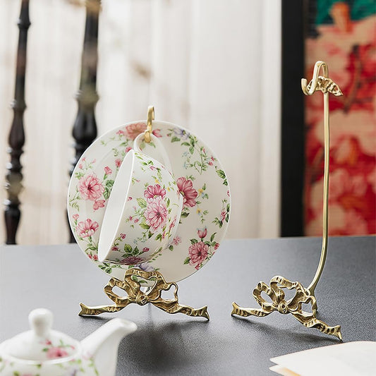 1Pcs Brass Teacup and Saucer Display Stand,Teacup Holder Stand for Display,Antique Coffee Cup Mug Holder for one Cup, Gold. (Small)