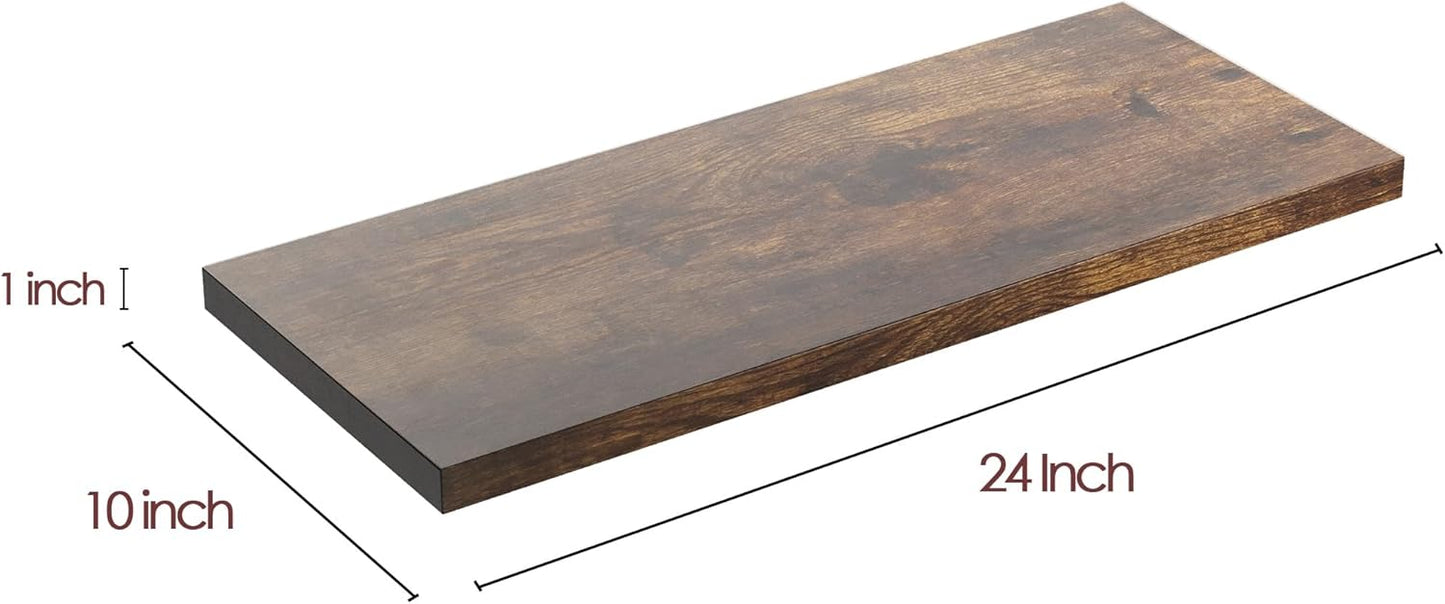 Wall Shelf Set of 1, Rustic Brown Floating Shelves 24 in W x 10 in D x 1 in H, Wooden Floating Wall Shelf with Invisible Brackets for Living Room/Bedroom/Bathroom/Kitchen Storage and Decor
