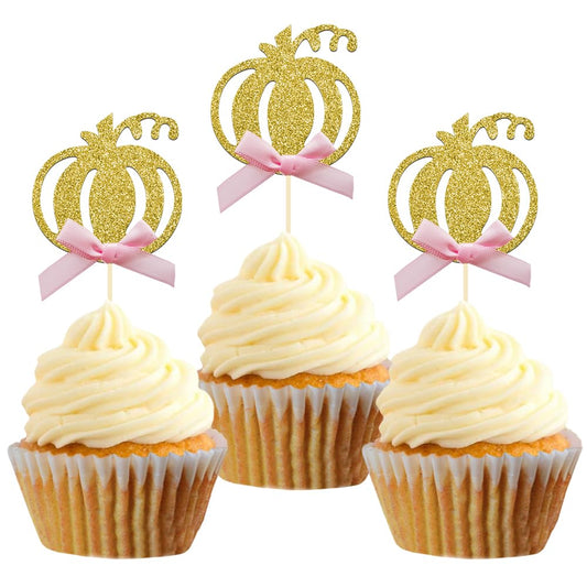 Pumpkin Cupcake Topper Fall Theme Cake Decoration for Pumpkin Themed Baby Shower Party Supplies, Pumpkin Food Pick - Set of 24 (Pink Bow)