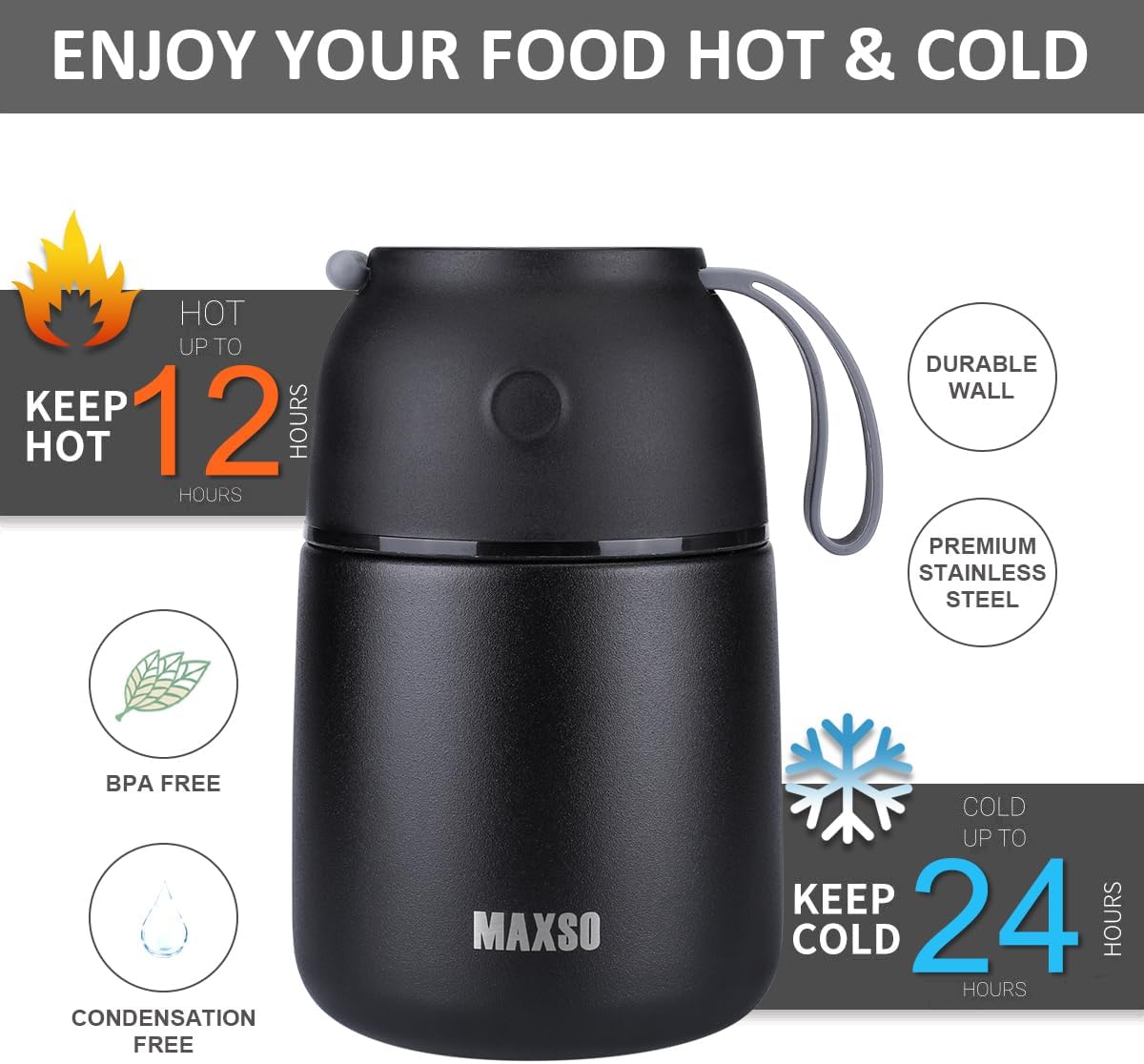 Insulated Thermo Food Jar for Hot & Cold Food for Kids Adult, 17&24 oz Soup Thermal Hot Food Containers for Lunch, Triple Layer Insulation Stainless Steel Food Jar with Spoon (2 Pack Black)