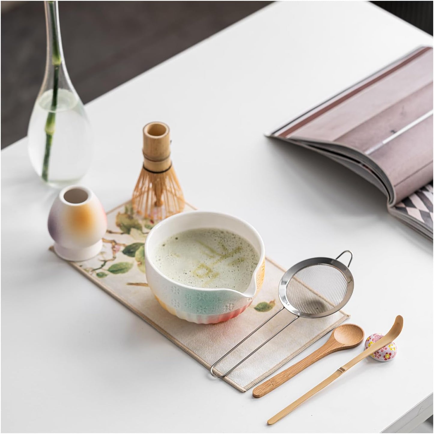 Matte Textured Ceramic Matcha Whisk Set, 8-Piece Matcha Kit Includes Matcha Bowl, Bamboo Whisk, Chasen Holder, Scoop, Scoop Rest, Sifter & Tea Towel for Japanese Tea Ceremony, Latte Making & Home Use