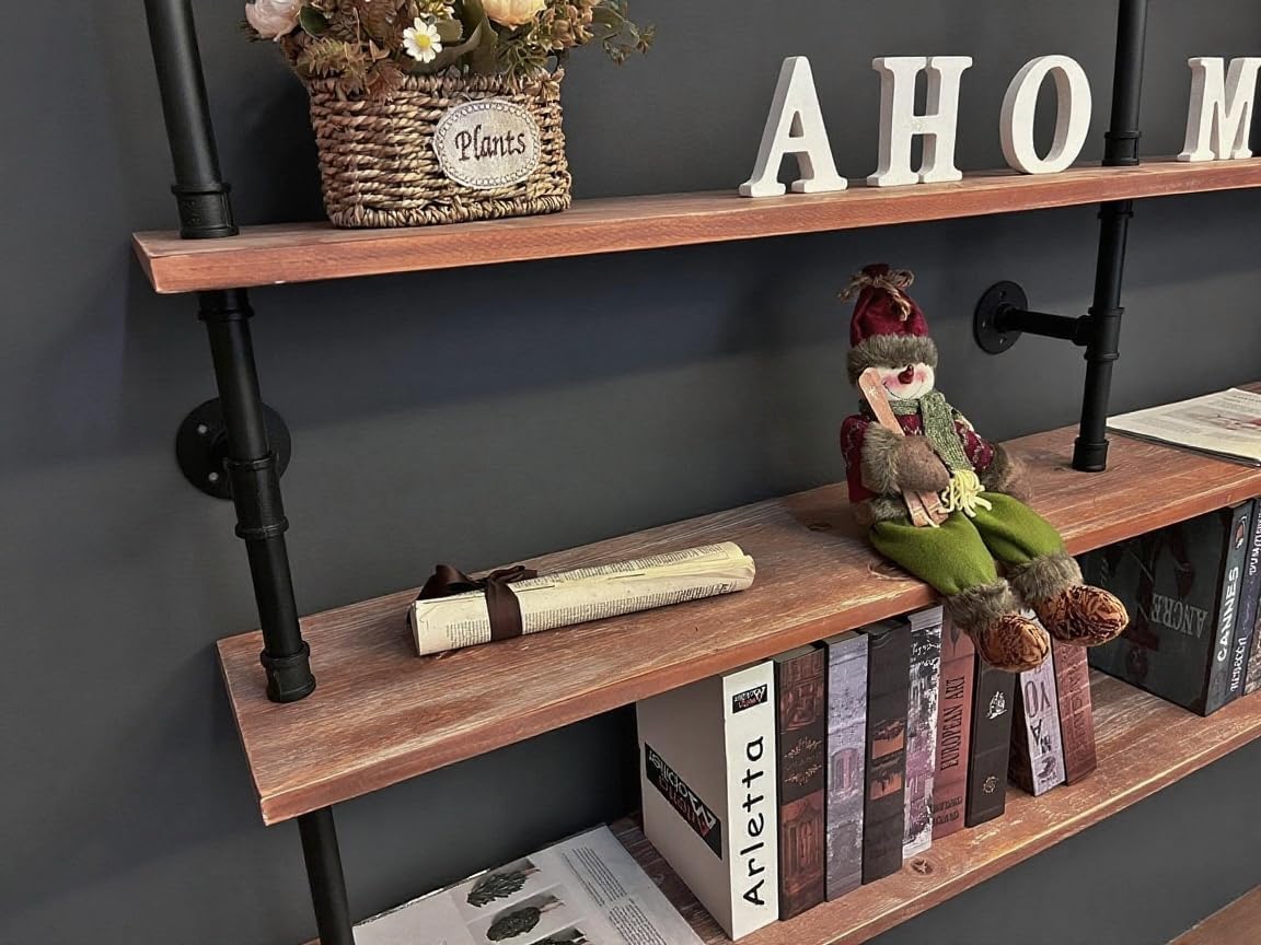 Floating Book Shelves for Wall 4 Tier 70 inch Bookshelf Industrial Pipe Shelving Shelves Bookcase Industrial Bookshelves Pipe Shelf Wood Wall Shelf for Living Room