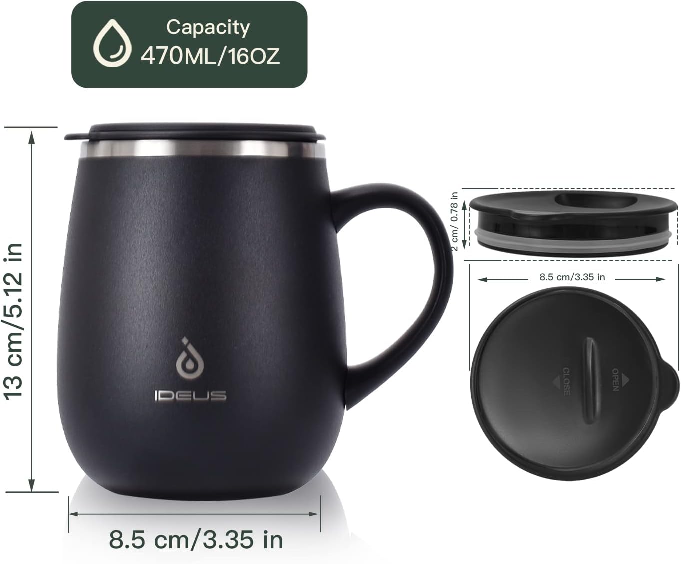 Ideus 16 oz Insulated Coffee Mug with Handle and Lid, Double Wall Stainless Steel Vacuum Thermal Coffee Mug, Travel Coffee Cup Thermal Cup for Home and Office, Storm Black
