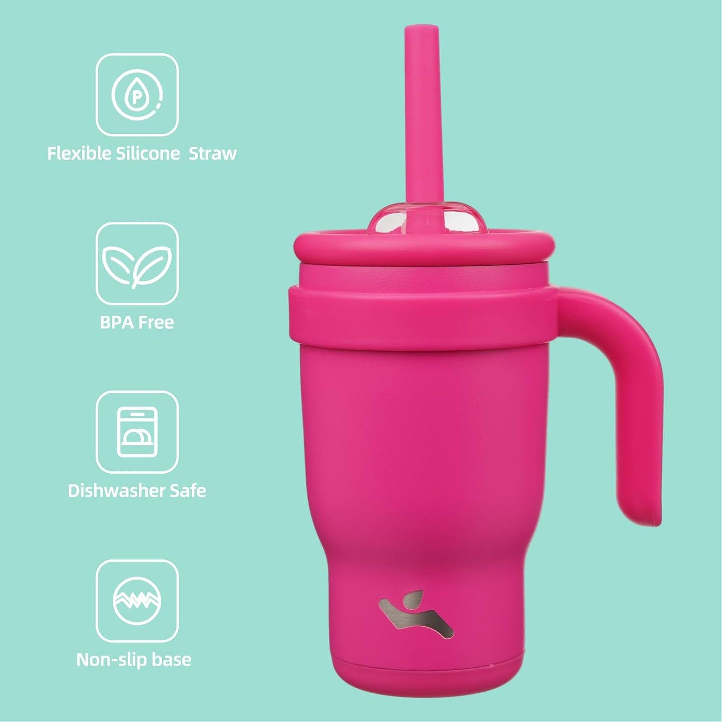 14 oz Tumbler with Side Handle, Insulated Water Bottle with Straw and 2 in 1 Lid, Stainless Steel Cup Travel Coffee Mug for Sports Office Gym,Fuchsia