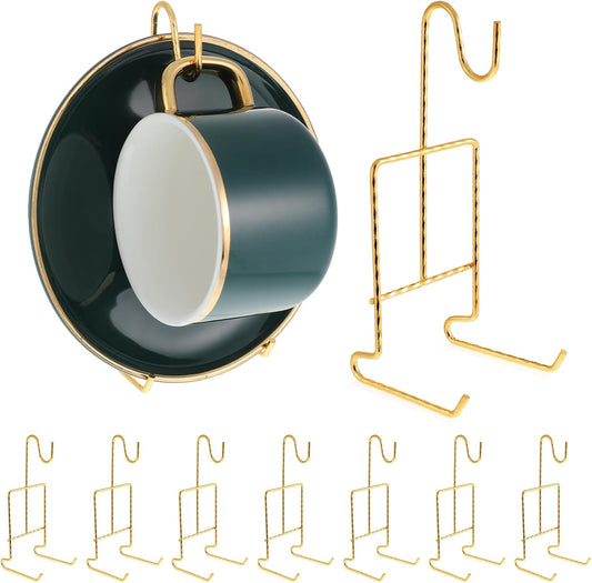 Vin Beauty 8Pcs Teacup Holder Display Stand Tea Cup and Saucer Display Stand Holder Metal China Coffee Mug Cup Storage Organizer 6.22 X 2.44 Inches Gold Metal Teacup Hanger Tray Rack for Plate Teapot