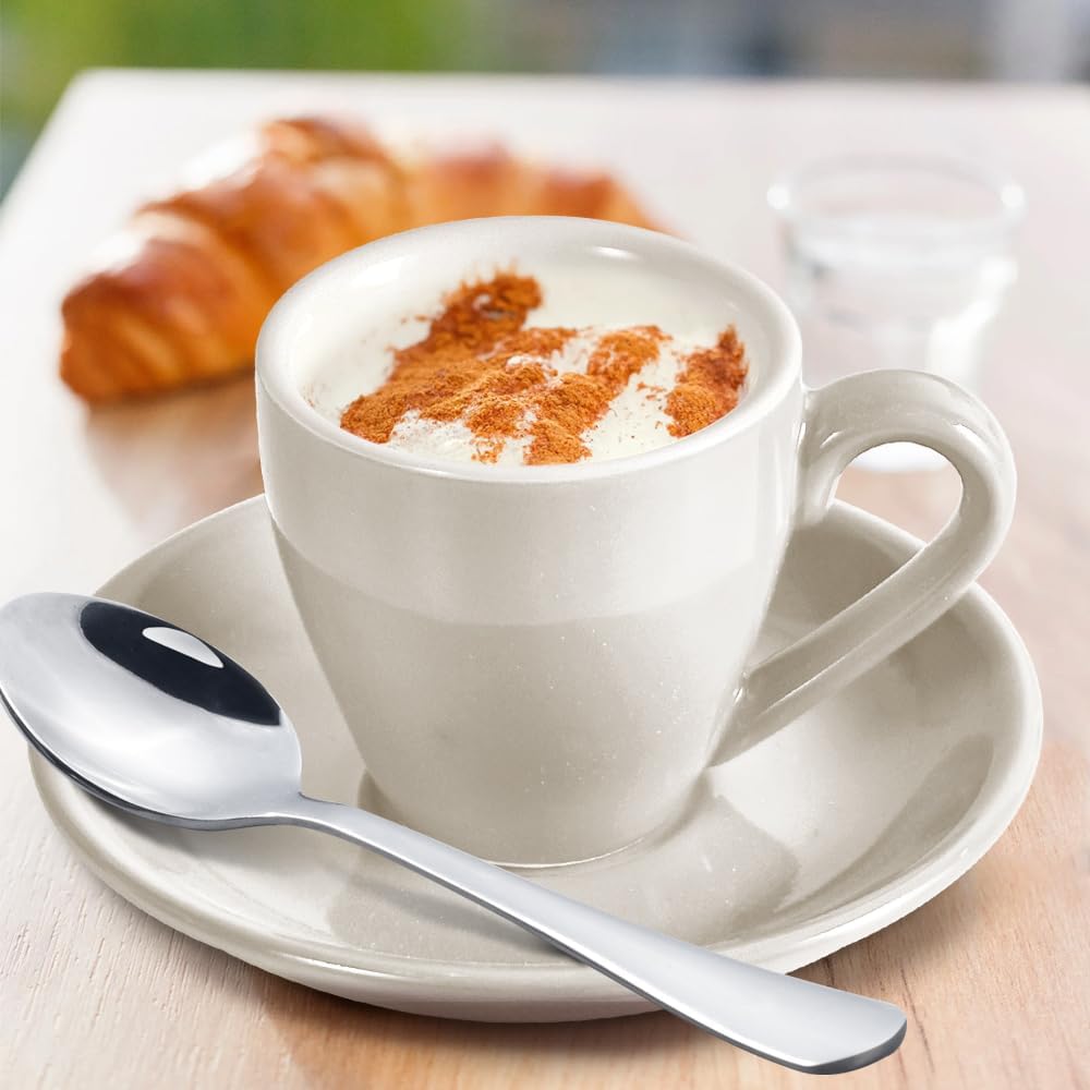 homEdge Porcelain Espresso Shot Cup Set with Saucers and Stainless Steel Spoons - 80 ml / 2.67 oz, Set of 4, White