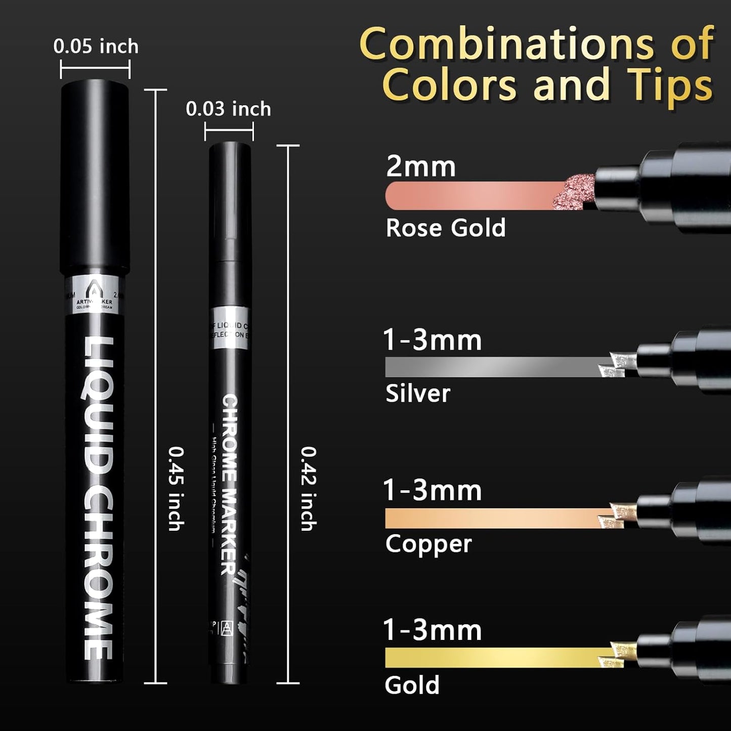 Renfio Chrome Paint Markers, 4 Colors Liquid Chrome Metallic Markers Mirror Repair Liquid Metallic Pen for Repairing Model Painting Resin DIY Craft Coloring (1-3mm) - Silver&Gold&Rose Gold&Copper