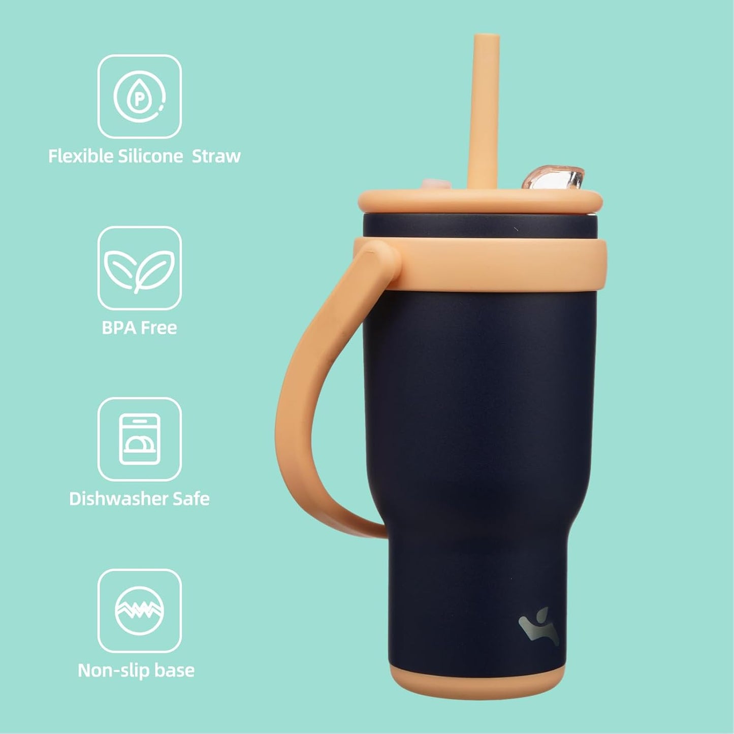 30 oz Tumbler with Side Handle, Insulated Water Bottle with Straw and 2 in 1 Lid, Stainless Steel Cup Travel Coffee Mug for Sports Office Gym,Navy Blue