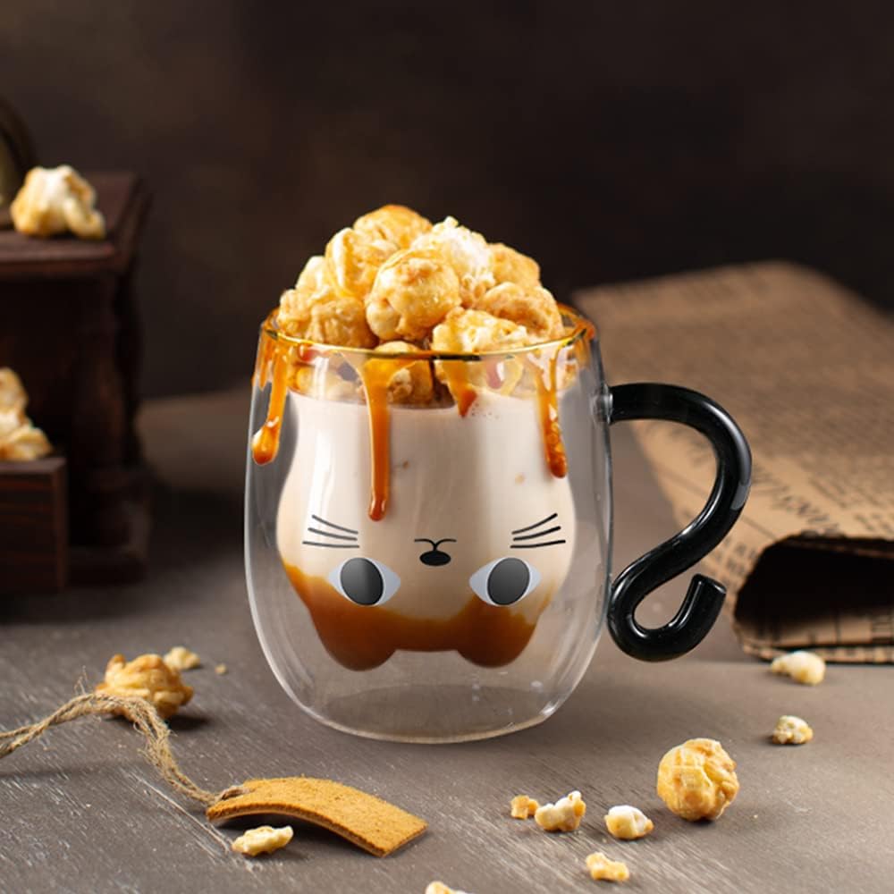 ecooe Cute Cat Mug Glass Coffee Cup 9.8oz Double Walled Glass Mug Cappuccino Latte Glass Cup with Handle Spoon, Milk Tea Cat Cup Birthday Christmas Valentine's Day Gifts for Women Girls Kids Friends