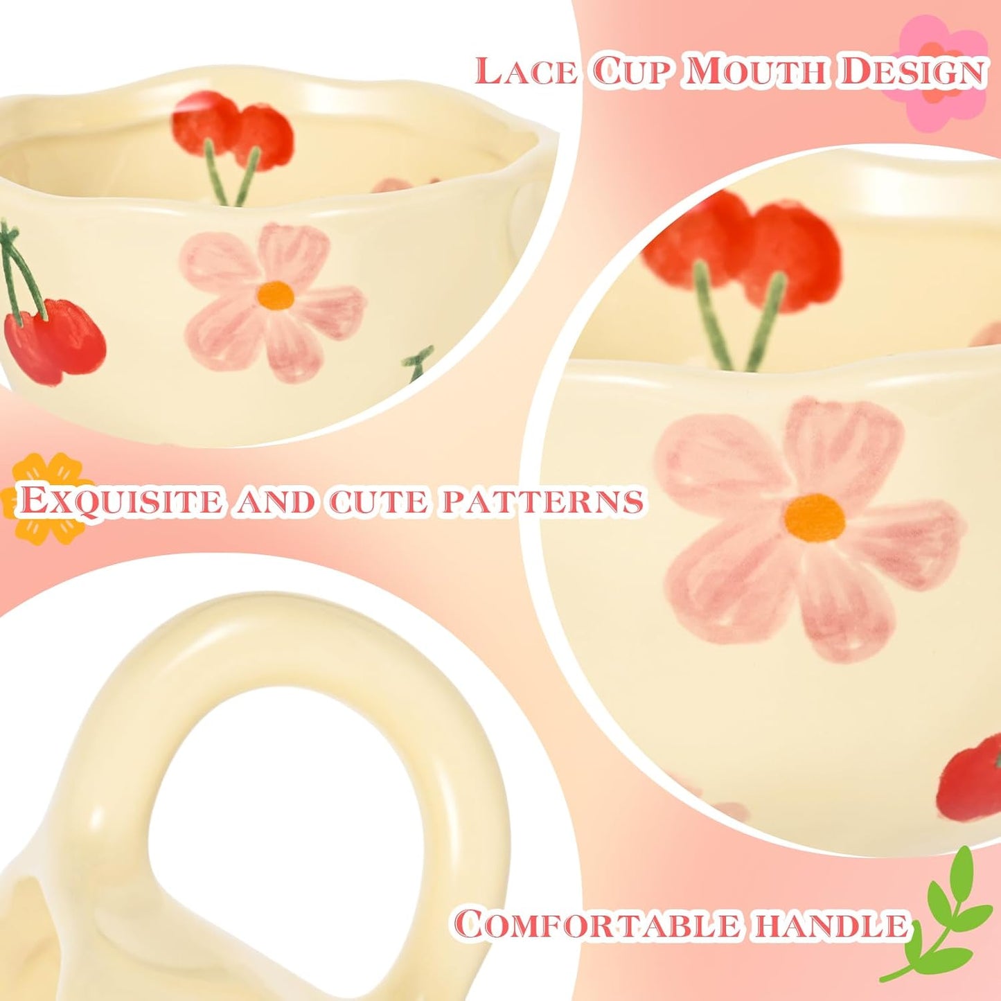 Ceramic Coffee Mug Vintage Flower Mugs 8 oz Cute Floral Coffee Mugs Irregular Latte Art Cup Lead-free Porcelain Cups for Cappuccino, Cocoa (Pink Cherry)