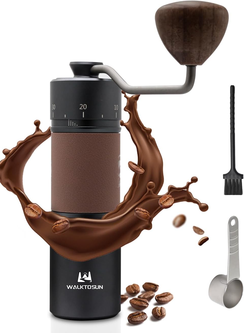 Manual coffee grinder, portable stainless steel cone grinder with solid wood knob, adjustable handle, suitable for home office travel, camping or hiking, black