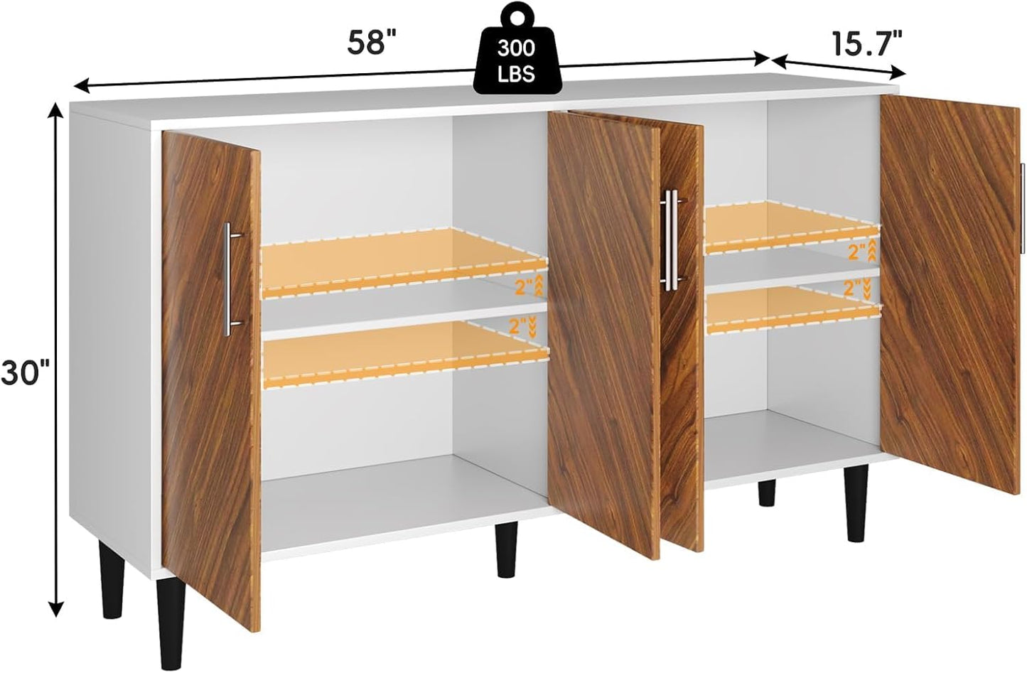 4 EVER WINNER Coffee Bar Cabinet with 4 Doors, Sideboard Buffet Cabinet with Storage, Walnut Buffet Cabinet with Storage with Adjustable Shelves for Kitchen,Living Room,White