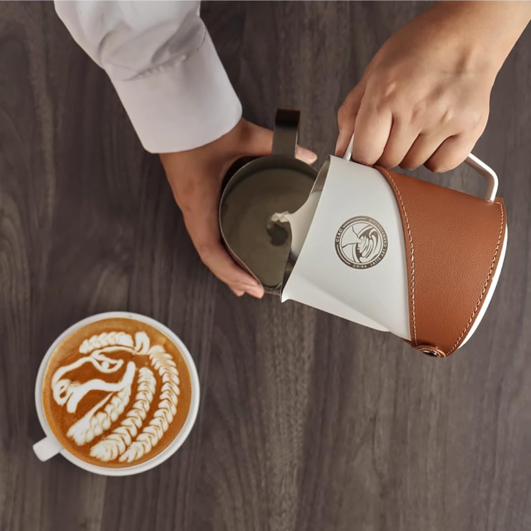 Milk Frothing Pitcher 450ml/16oz 304 Stainless Steel Espresso Steaming Pitcher with PU Leather, Milk Frothing Jug,milk frother cup,Milk Jug Cup,Premium Barista Tools,Latte Art (WHITE,16oz)
