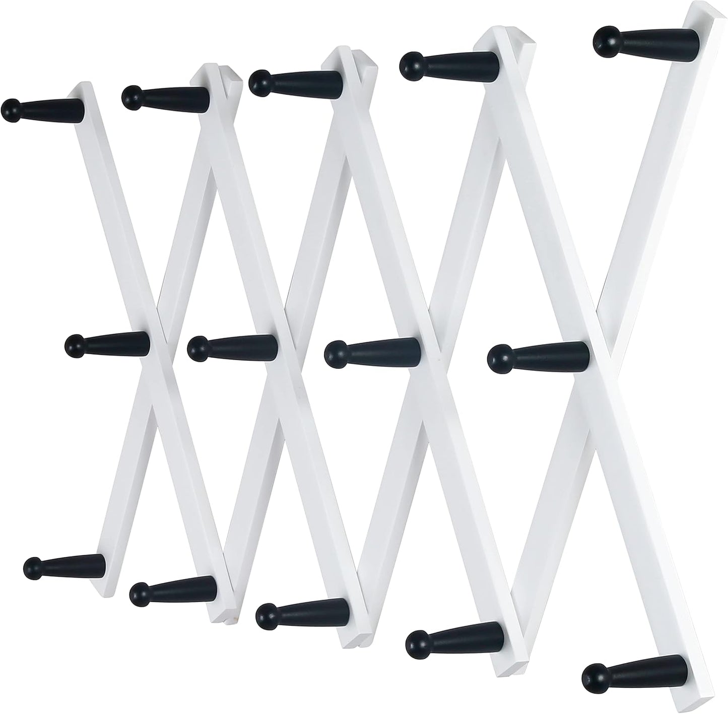 Dseap Accordian Wall Hanger: 16” High Wooden Wall Expandable Coat Rack, Hat Rack Holder, Accordion Hook for Baseball Caps, Coats, Mugs, 14 Peg Hooks, White & Black