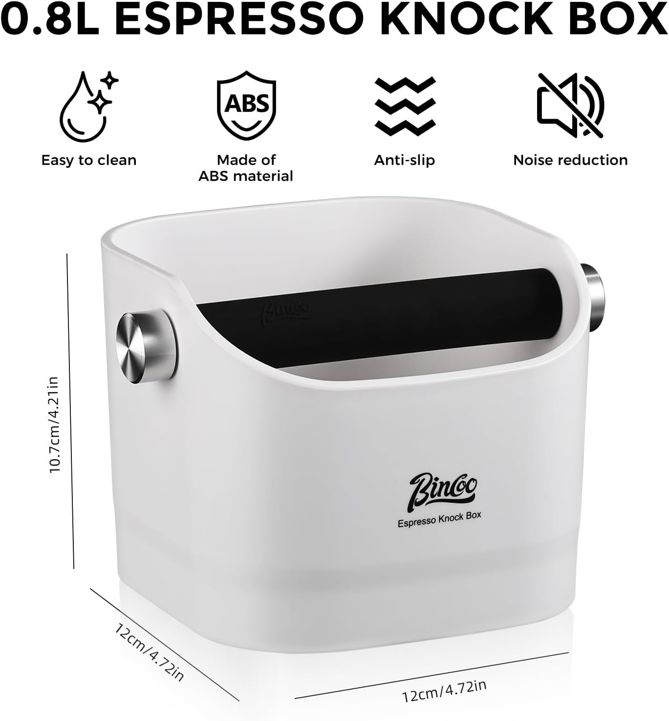 Bincoo Square Coffee Knock Box 0.8L – ABS Espresso Knock Bin with Non-Slip Base, Wide 4.6" Slanted Opening & Detachable Silicone Knock Bar for Easy Cleaning and Quiet Use(White(square))