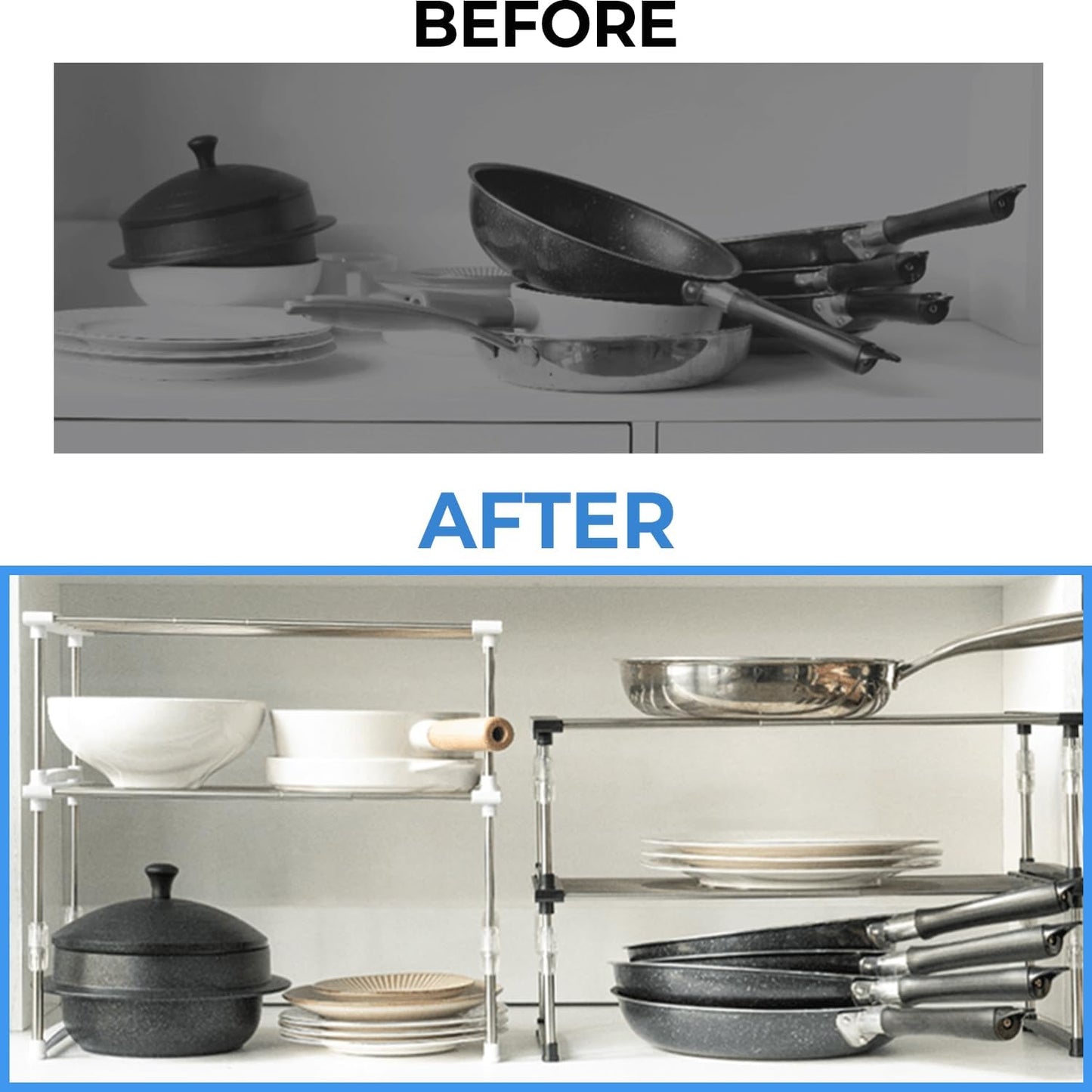 carrotez Expandable Cabinet Organizer, Set of 1 Width & Height-Adjustable Kitchen Cabinet Organizer Shelf, Stackable Kitchen Counter Shelf, 11.8~19.6 x 7.8 x 5.9~9" Black