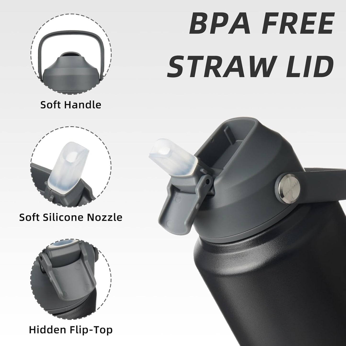 BJPKPK Insulated Water Bottle with Straw Lid, 40oz Large Thermos, BPA Free Leak Proof Stainless Steel Metal Water Bottles, Tumblers, Cups, Flasks for Travel, Sports,Black