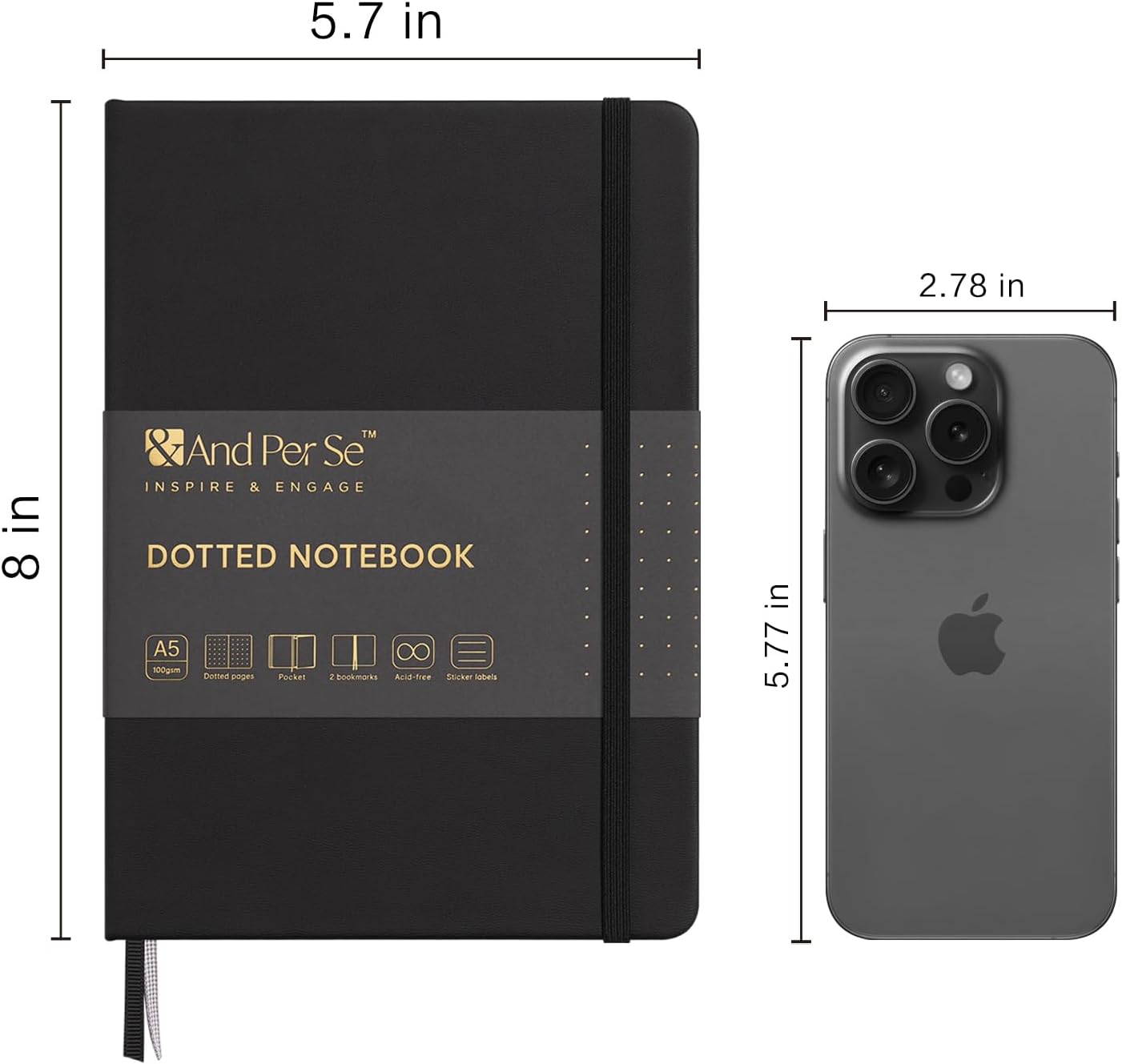 &And Per Se Dotted Journal Notebook (10 packs), A5 Hardcover Leather Bullet Dotted Journal, 160 Pages 100GSM Thick Paper, 3 Sheets of Stickers Included - 5.7'' x 8'' (Black)