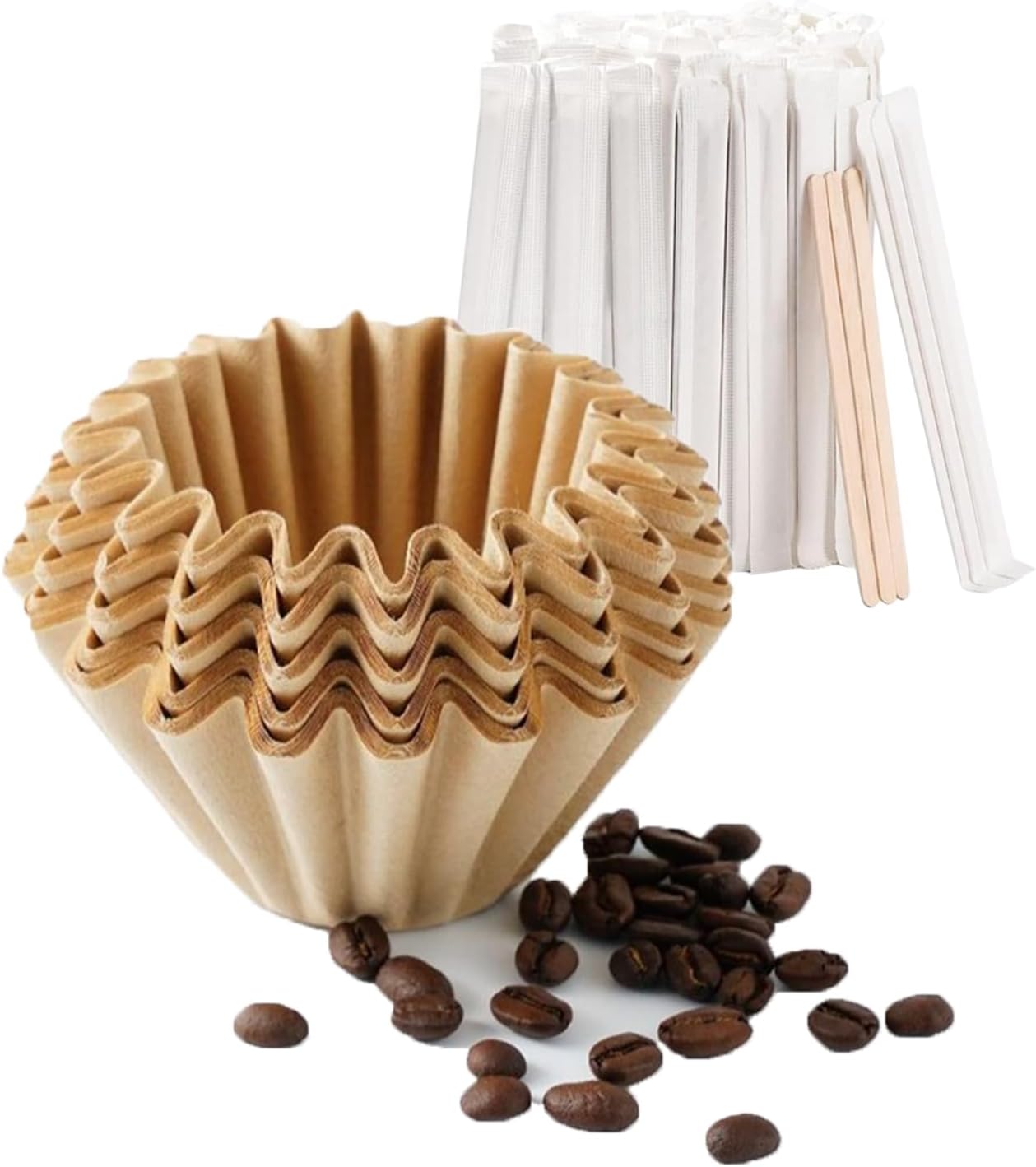 Coffee Filters 1-2 Cup 100 Count Disposable Basket Coffee Filter Paper with 100 Pcs Wooden Coffee Stirrer Sticks Natural Filters for Commercial Home Pour Over Coffee Kit