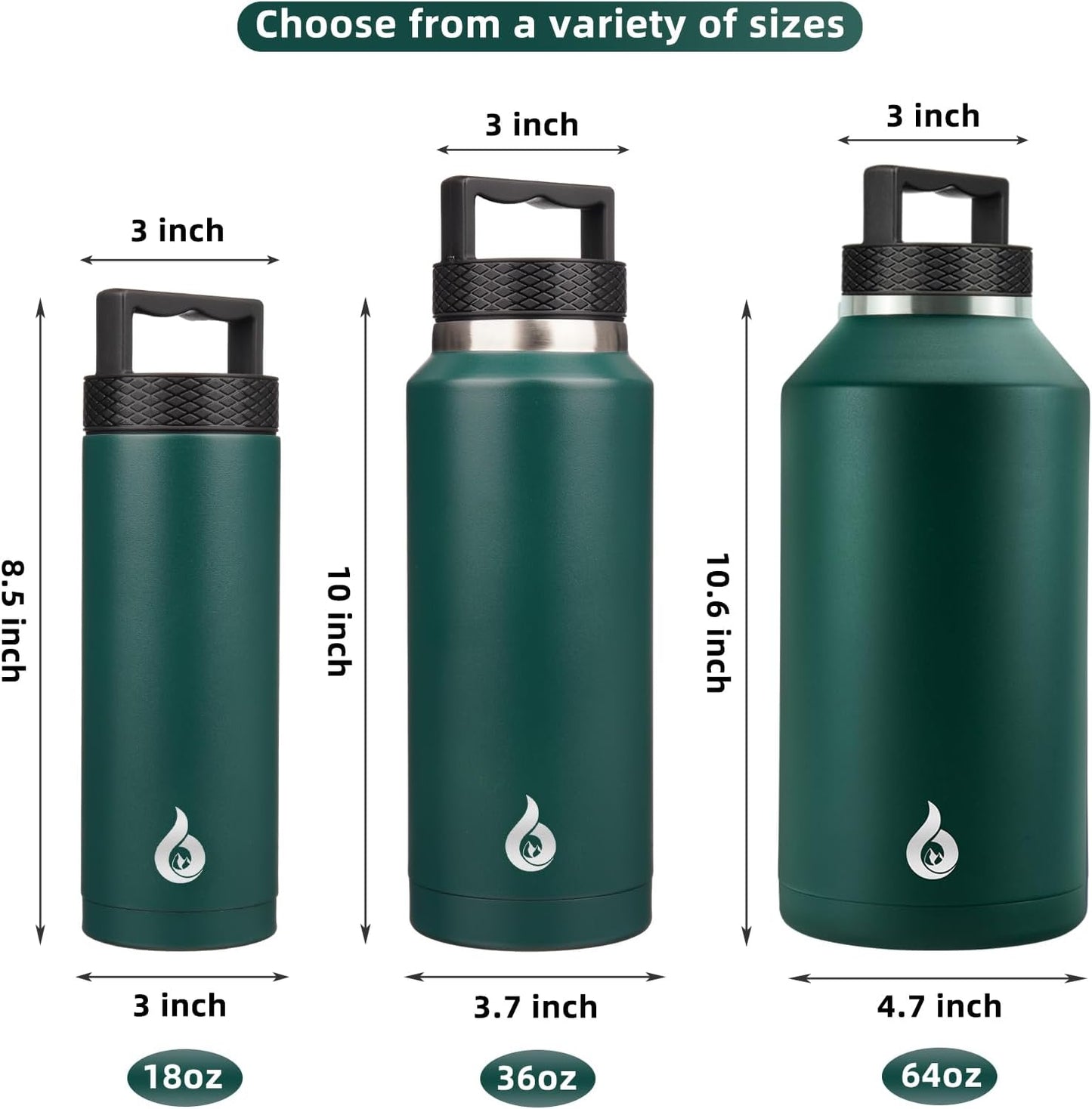 BJPKPK Insulated Water Bottles, Dishwasher Safe 18 oz Water Bottle with Handle, Leakproof BPA Free Water Jug, Stainless Steel Thermos for Sports, Army Green