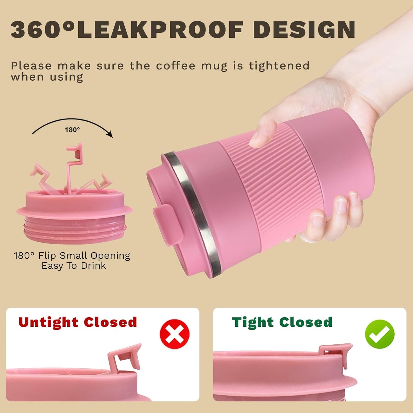 Vacuum-Insulated Stainless Steel Travel Coffee Mug, Leak-Proof Reusable Coffee Cup with Lid - Keep Hot & Cold Drinks for Hours, Durable Thermos Tumbler for Men & Women (3rd-Pink, 17OZ)