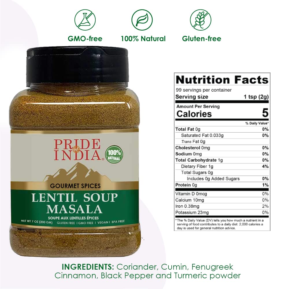 Pride of India - PACK of 6 - Lentil Soup Masala – Authentic Indian Taste- Spice Blend for Lentil Soups and Stews-Flavorful Mix-Easy to Use-7 oz. Medium Dual Sifter Jar- For Vegans & Vegetarians