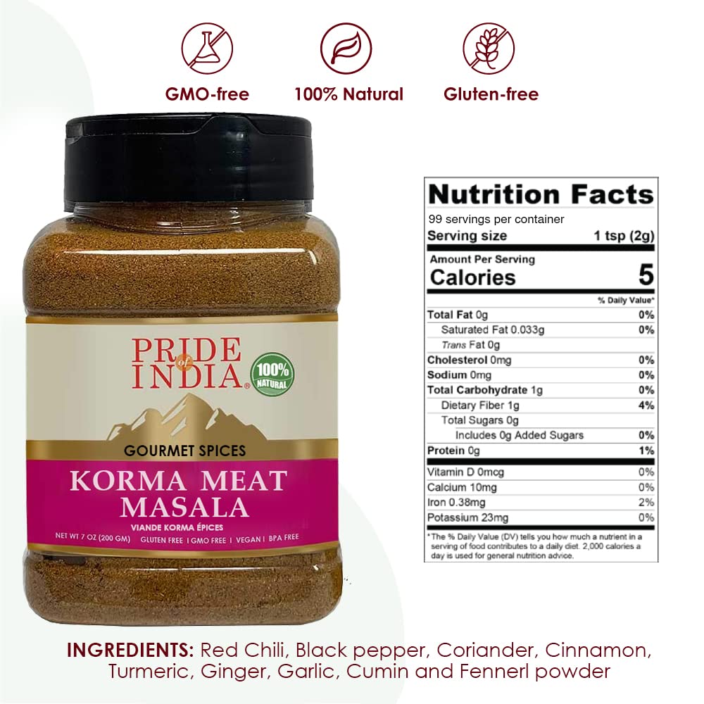 Pride of India – Korma Meat Masala Mix – Ideal for Traditional Meat/Lamb Curry – Gourmet & Flavorful – Seasoning Spice Blend – 7 oz. Medium Dual Sifter Jar