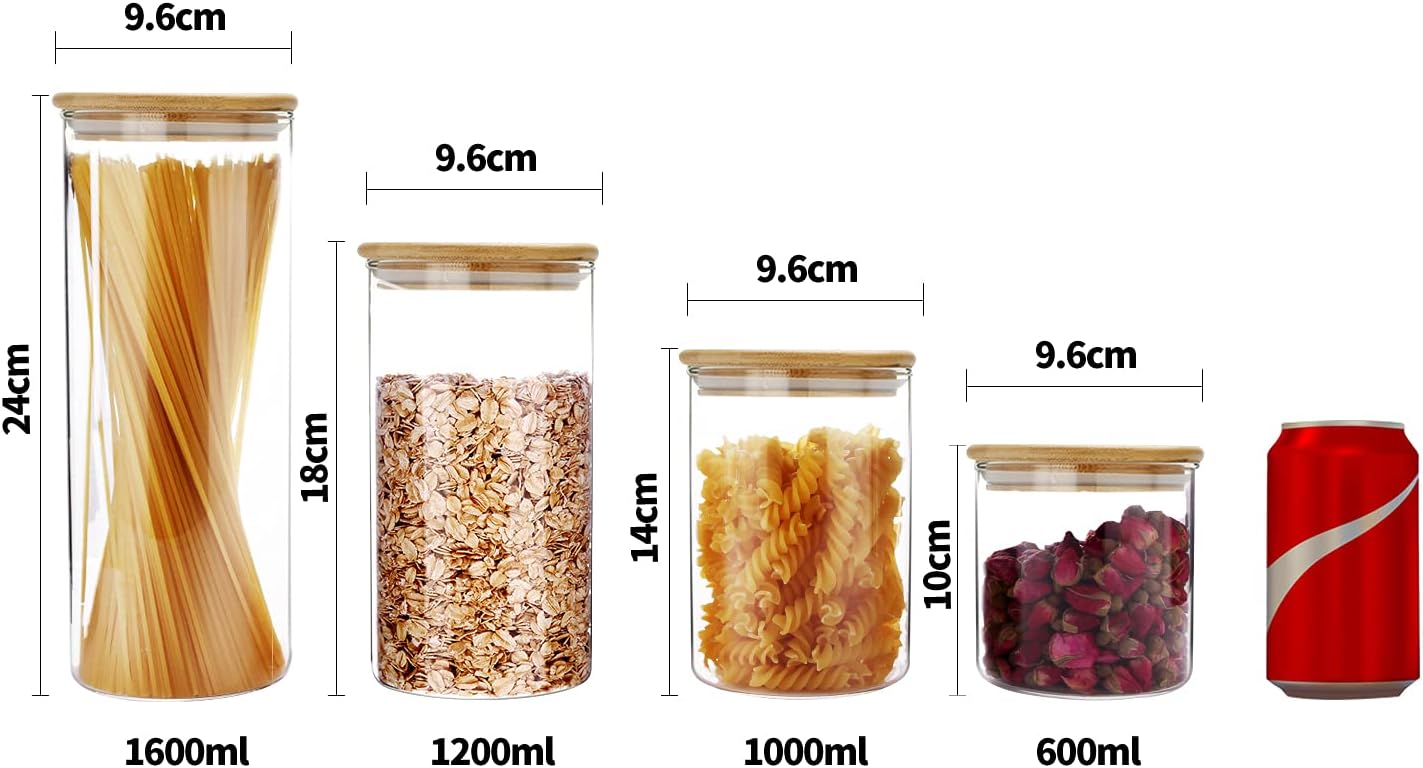 SIXAQUAE Glass Food Storage Containers Jar Seal Bamboo Lids 4 Packs 1000ml Airtight Canister Organization Sets Stackable…
