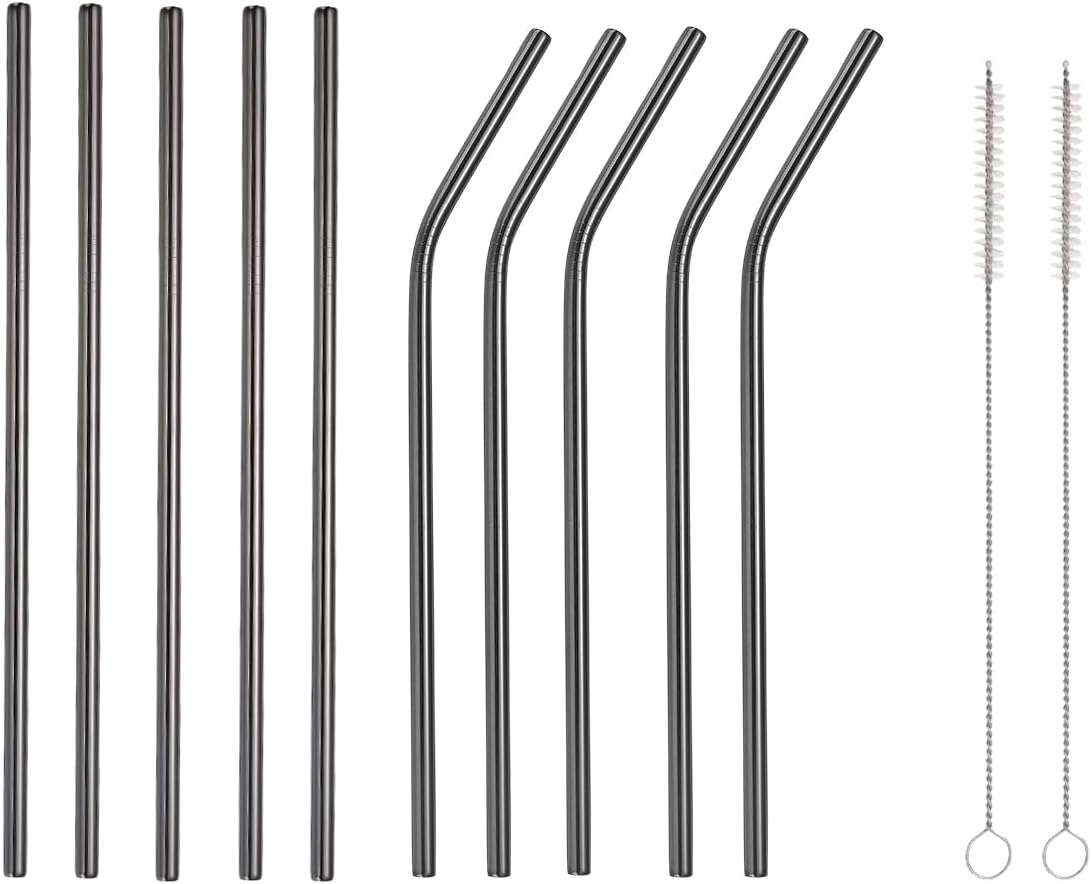 10 Pcs Stainless Steel Straws, Reusable Drinking Straws, 5 Straight + 5 Bent Metal Straws Set With 2 Pcs Cleaning Brushes (Black, 8.5 Inch)