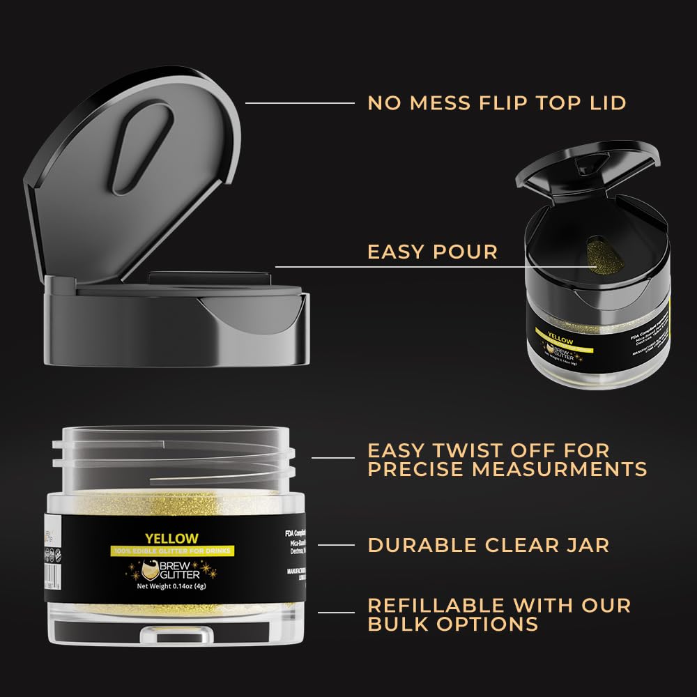 Brew Glitter Yellow Edible Drink Glitter 1x 4g Jar for Cocktails, Beer, & Beverages