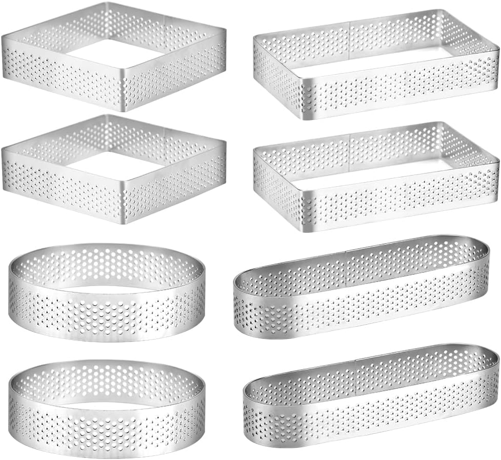 Guowall Stainless Steel Cake Ring, Multi Shaped Fruit Tarte Crust, Square Rectangle Round Oval Shape Pastry Food Ring Nonstick DIY Baking Tools - 8pcs