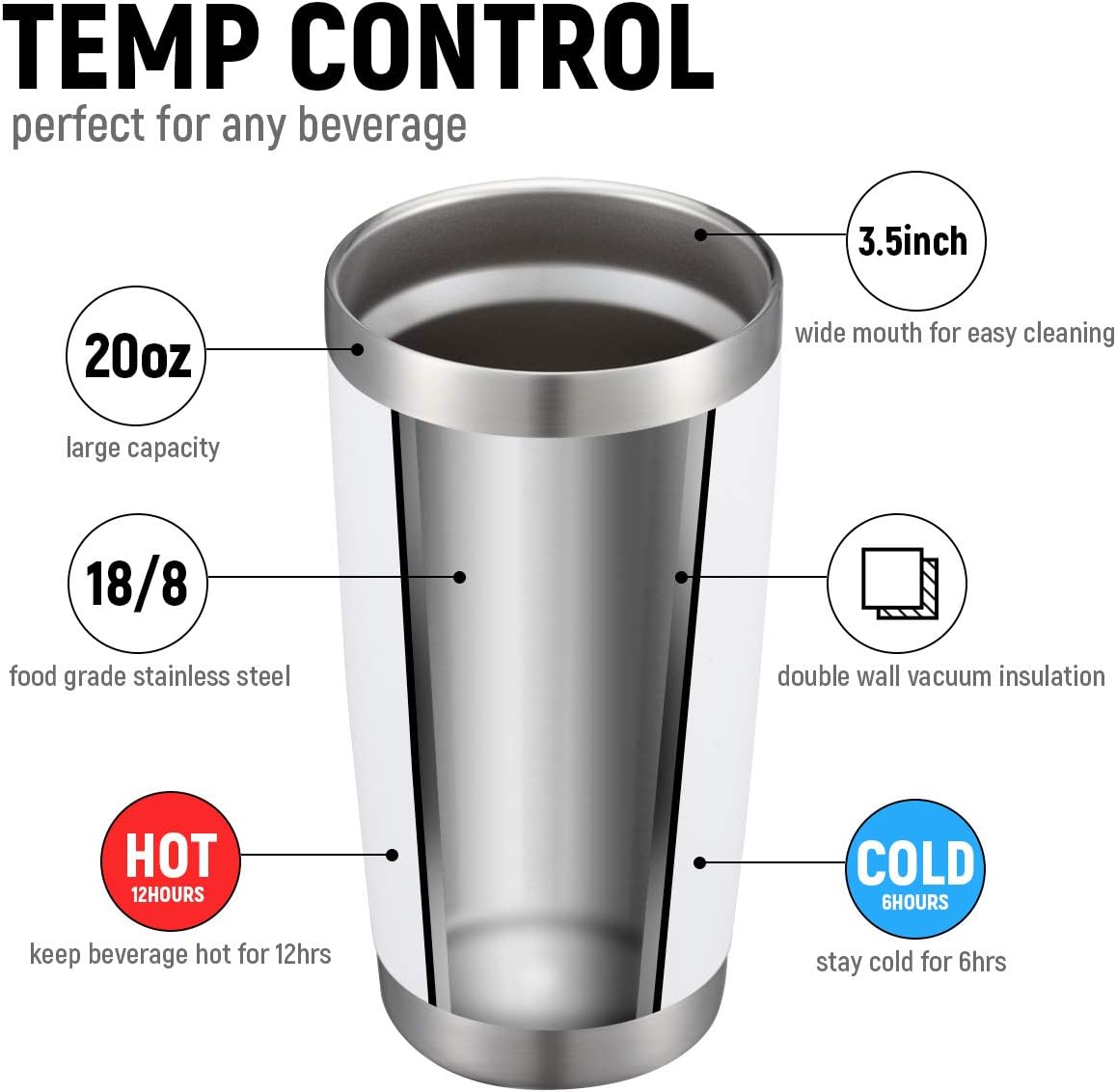 COMOOO 20oz Tumbler with Straw Stainless Steel Insulated Coffee Tumbler Cups Thermal Double Wall Vacuum Travel Coffee Mug with Splash Proof Sliding Lid for Home, Office, School (White, 1 Pack)