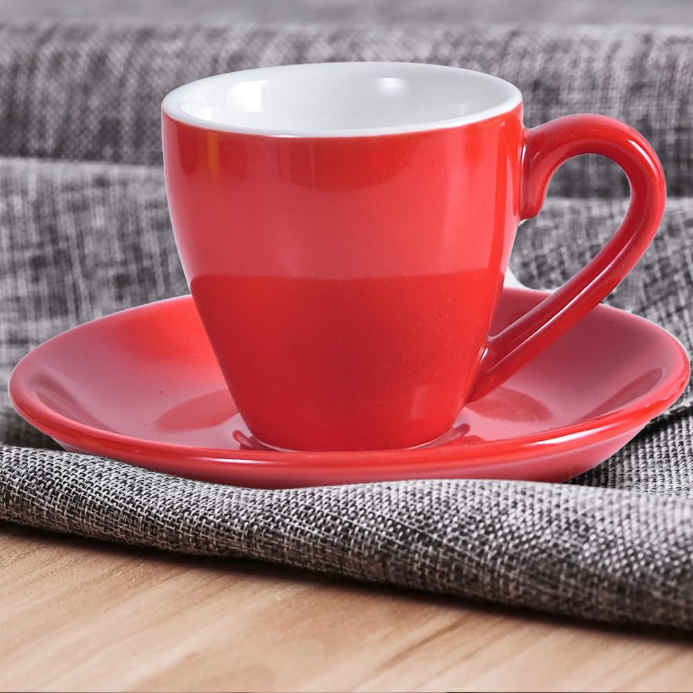 homEdge Porcelain Espresso Shot Cup Set with Saucers and Stainless Steel Spoons - 80 ml / 2.67 oz, Set of 4, Red