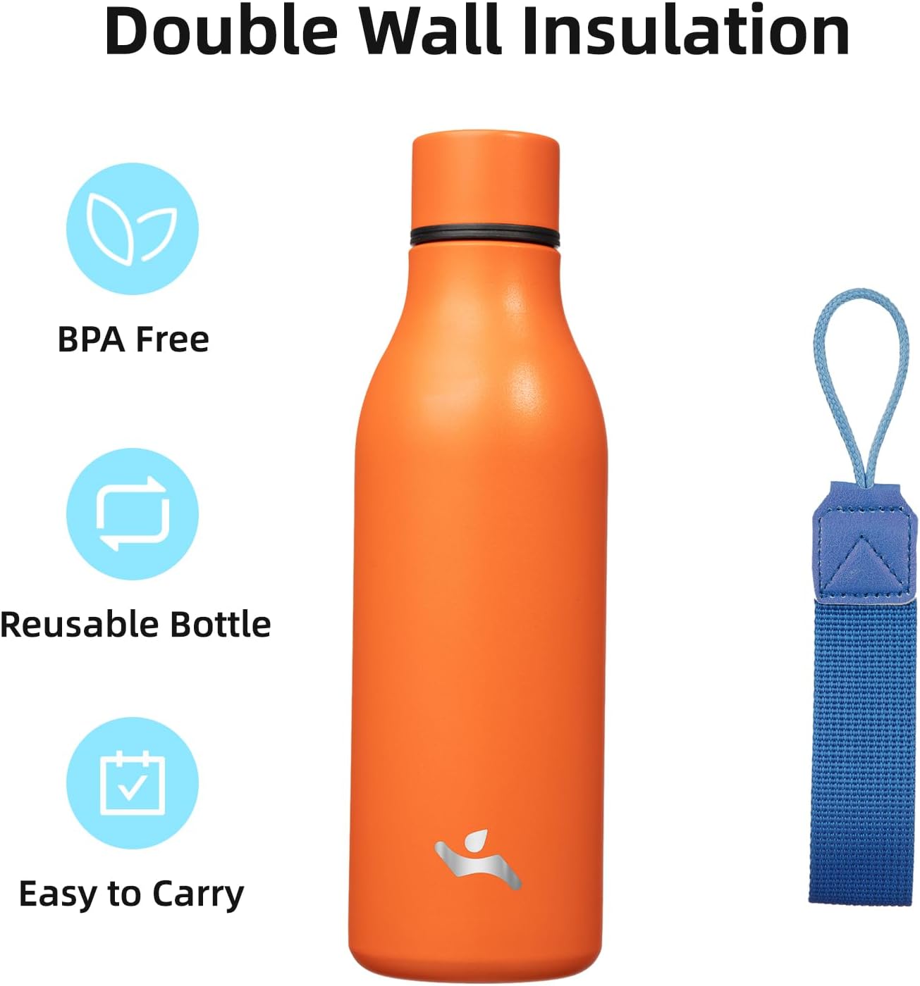 Insulated Water Bottle with Strap,18 oz Double Wall Stainless Steel Vacuum Bottles Metal Water Flask,Orange