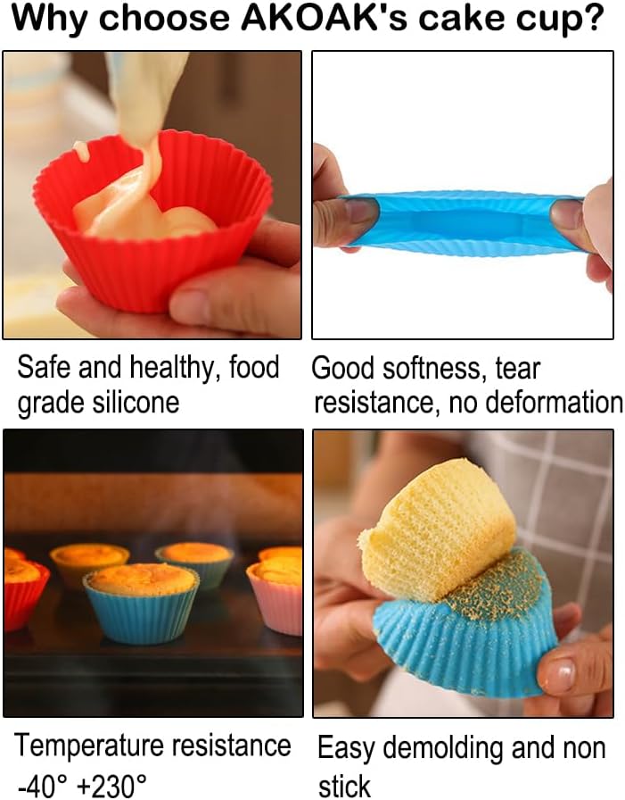 AKOAK Reusable Silicone Non-stick Baking Cups, Cake Molds, Kitchen Baking Cooking Accessories, DIY Cake Making Tools - Pack of 10 (Rose red)