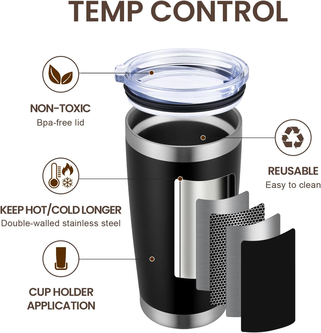 MEWAY 20oz Tumbler 8 Pack Double Wall Vacuum Insulated Travel Mug Bulk, Stainless Steel Tumblers with Lid and Straw, Durable Powder Coated Coffee Cups for Cold & Hot Drinks (Black, 8)