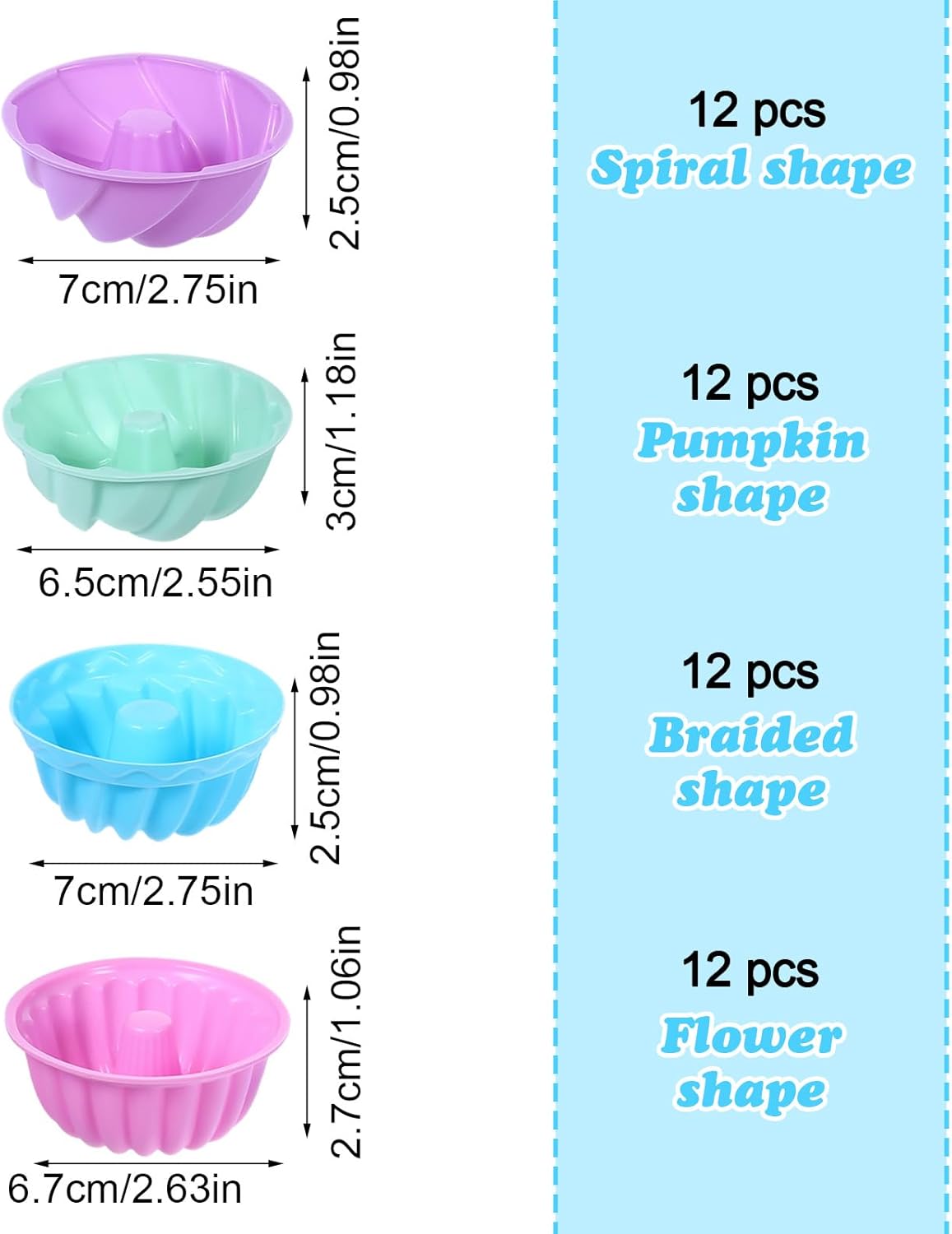 48Pcs Silicone Baking Cups, Non-stick 4 Shape Baking Molds, Heat Resistant and Resuable Mini Silicone Muffin Cups for Muffins, Jelly and Cake Baking