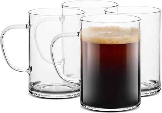 LUXU Glass Coffee Mugs 16 oz,Set of 4 Large Glass Coffee Cups Clear Tea Cups,Iced Coffee Glasses,Lead-Free Drinking Glasses for Water,Cappuccino,Latte,Cereal,Yogurt,Milk-Flat Bottomed Design