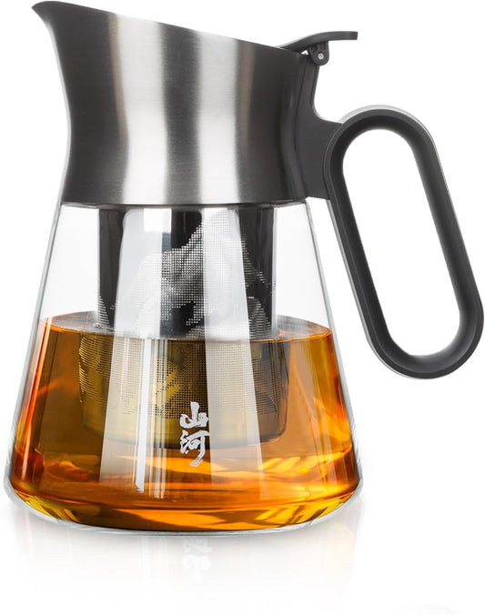 ZENS Design Glass Teapot with Infuser, 23 oz Small Loose Leaf Tea Steeper Pot with Stainless Steel Spout for Hot Tea Steeper, Oval Handle Clear Tea Pot with infusers for Loose Tea Lovers Gifts