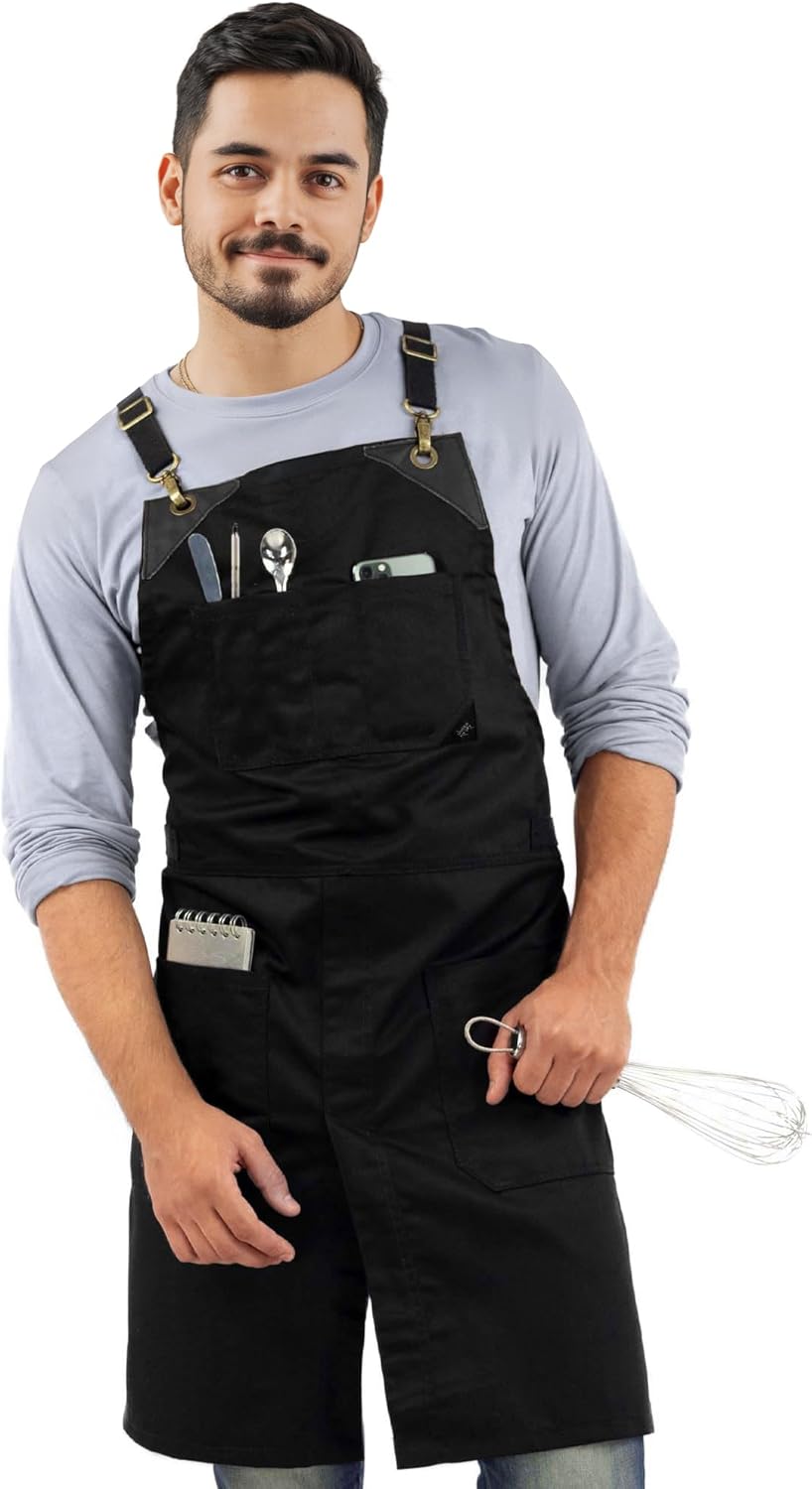Under NY Sky Cross-Back Deep Black Apron - Durable Twill with Leather Reinforcement and Split-Leg - Adjustable for Men and Women - Pro Chef, Tattoo, Baker, Barista, Bartender, Stylist, Server Aprons