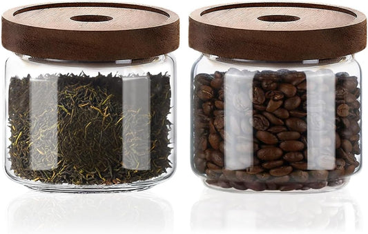 Glass Jars with Airtight Wood Lids - 12 oz Small Kitchen and Pantry Storage Containers, Canisters for Chia Seed, Ground Coffee, Sugar, Spice, Salt, Salad, Matcha, Set of 2
