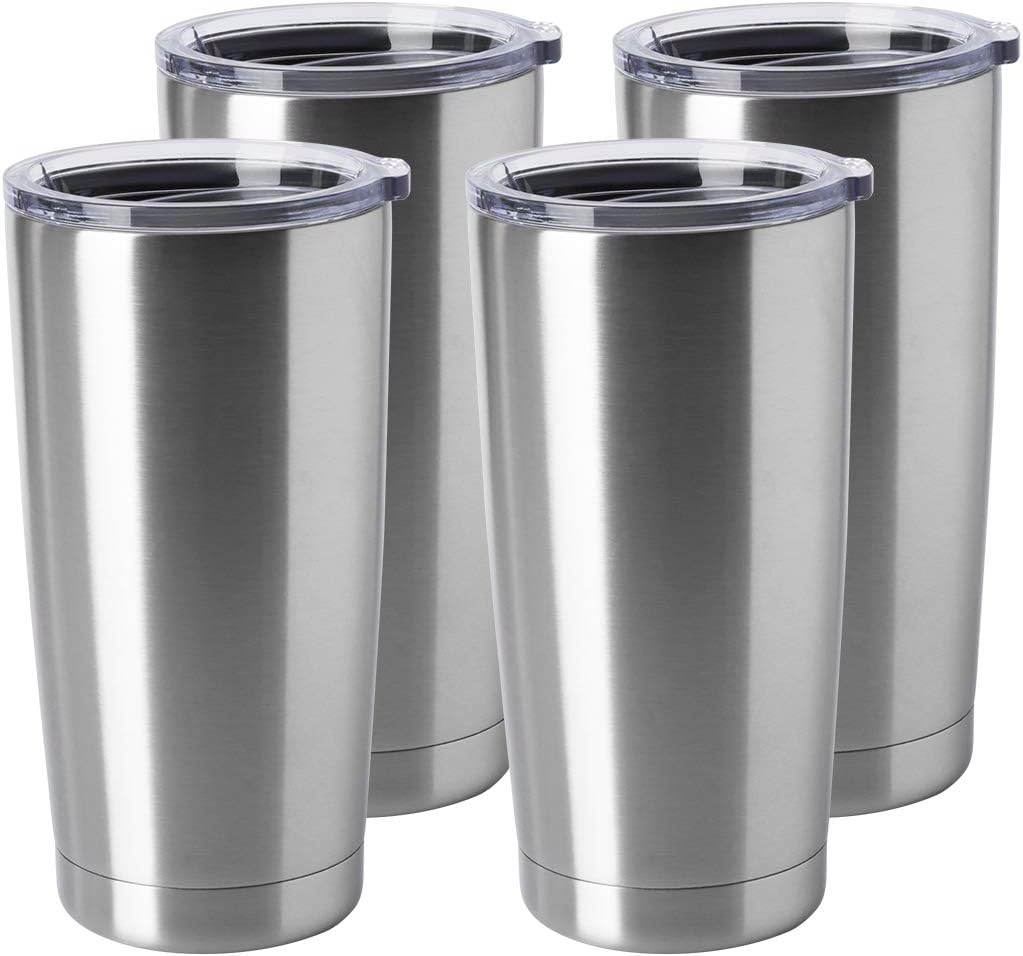 HASLE OUTFITTERS 20oz Stainless Steel Tumblers Bulk, Insulated Travel Cup with Lid, Double Wall Vacuum Coffee Mug for Cold & Hot Drinks 4 Pack, Silver