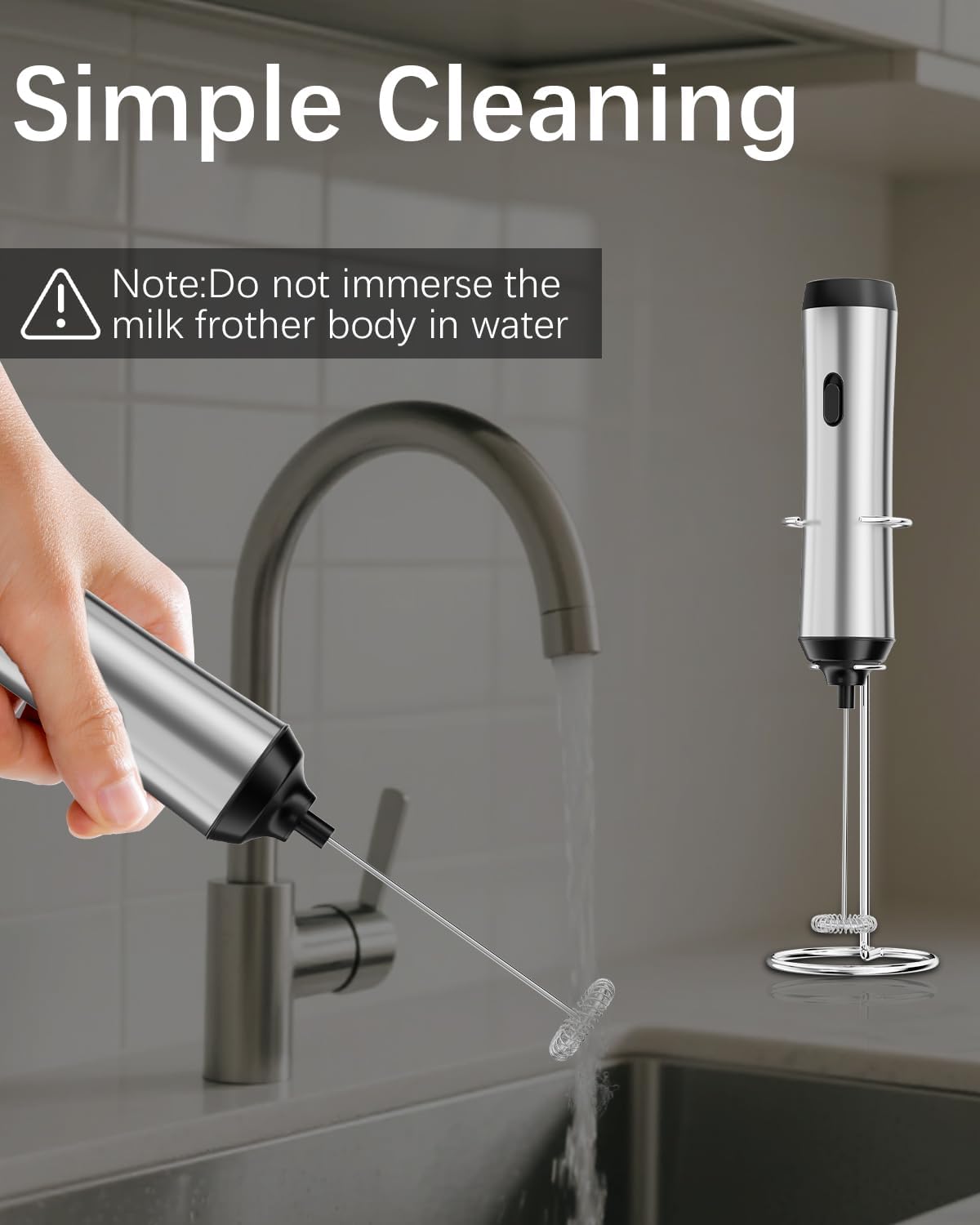 Rechargeable Milk Frother with Stand, Electric Frother Wand Handheld Coffee Foam Maker Detachable Stainless Steel Whisk Drink Mixer Foamer for Latte, Cappuccino, Hot Chocolate, Egg (Silver-1)