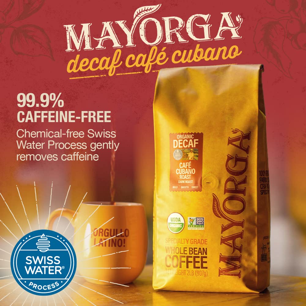 Mayorga Decaf Coffee 2lb Bag Dark Roast Organic Swiss Water Decaffeinated Cubano Roast Coffee - 100% Arabica Whole Coffee Beans - Smoothest Organic CoffeeSpecialty Grade, Non-GMO, Direct Trade