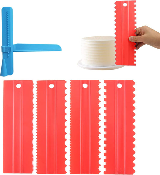 Adjustable Cake Scraper Smoother Tool,Cake Scraper Set,Double Sided Patterned Edge Smoothe Plastic Sawtooth Comb,Bench Scraper For Cake Decorating,Baking,cream Icing Smoother(4+1Pack)(Red,Blue)