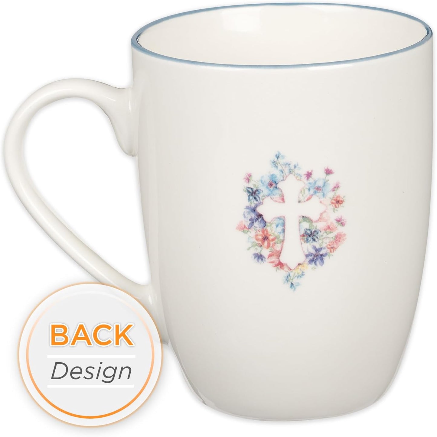Christian Art Gifts Encouraging Ceramic Coffee & Tea Mug for Women: Pink & Light Blue Floral Cross, Cute Microwave & Dishwasher Safe Cup, Lead-free Clean Inspirational Novelty Drinkware, White, 12 oz.