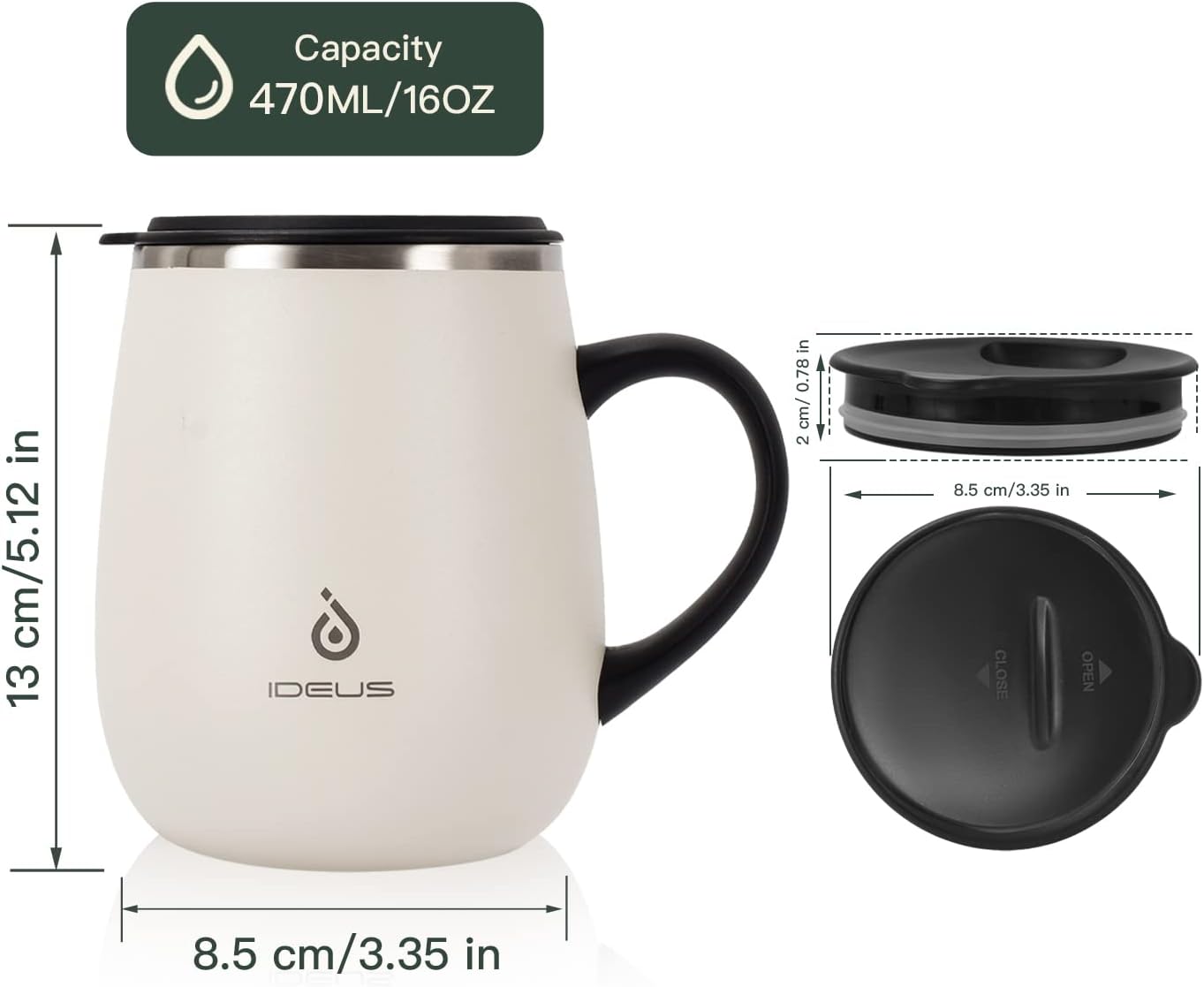 Ideus 16 oz (470 ml) Insulated Coffee Mug with Handle and Lid, Double Wall Stainless Steel Vacuum Thermal Coffee Mug, Travel Coffee Cup Thermal Cup for Home and Office (Snow Mountain White)